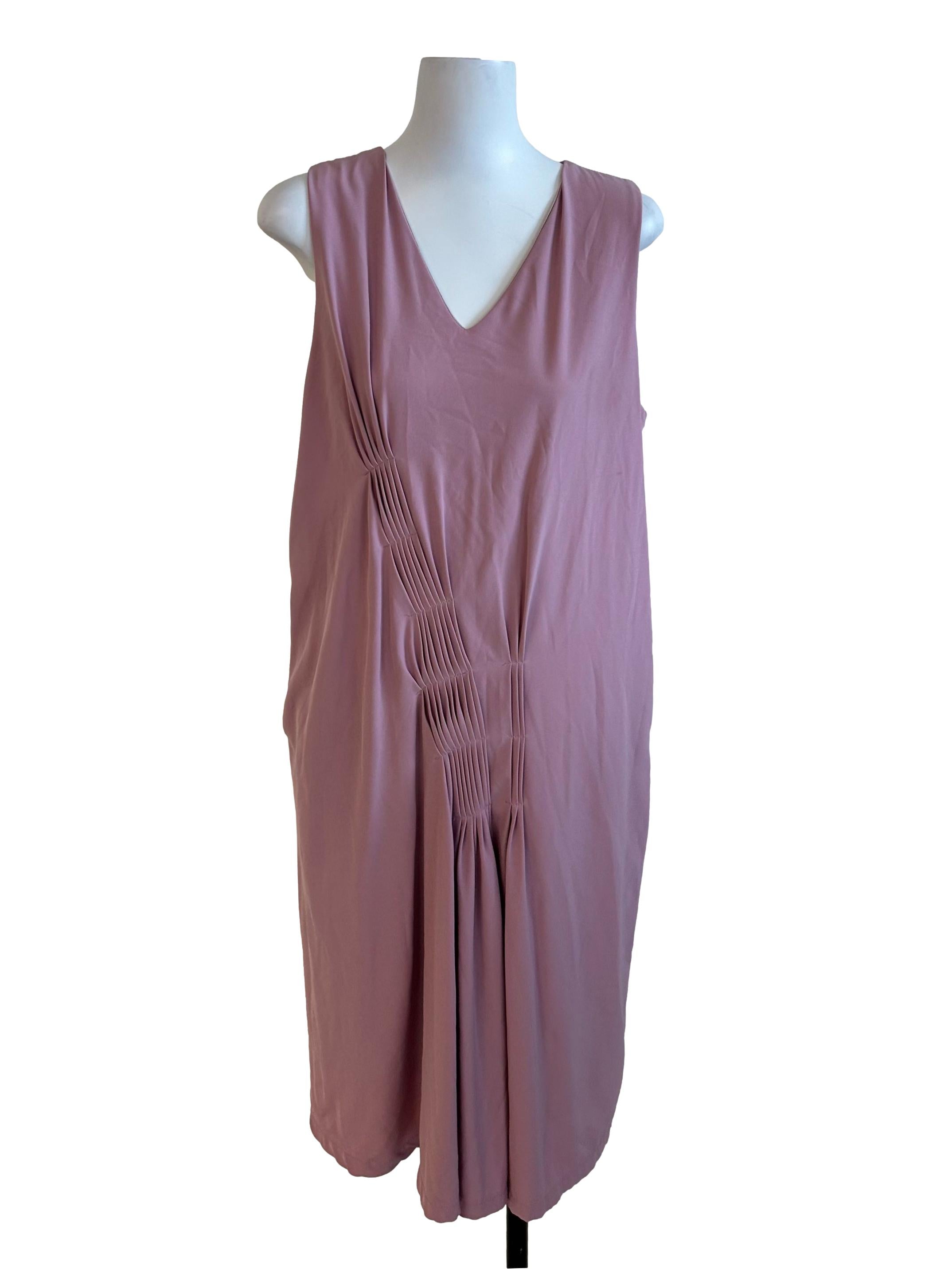 Dusty Pink V Neck Side Pleated Dress