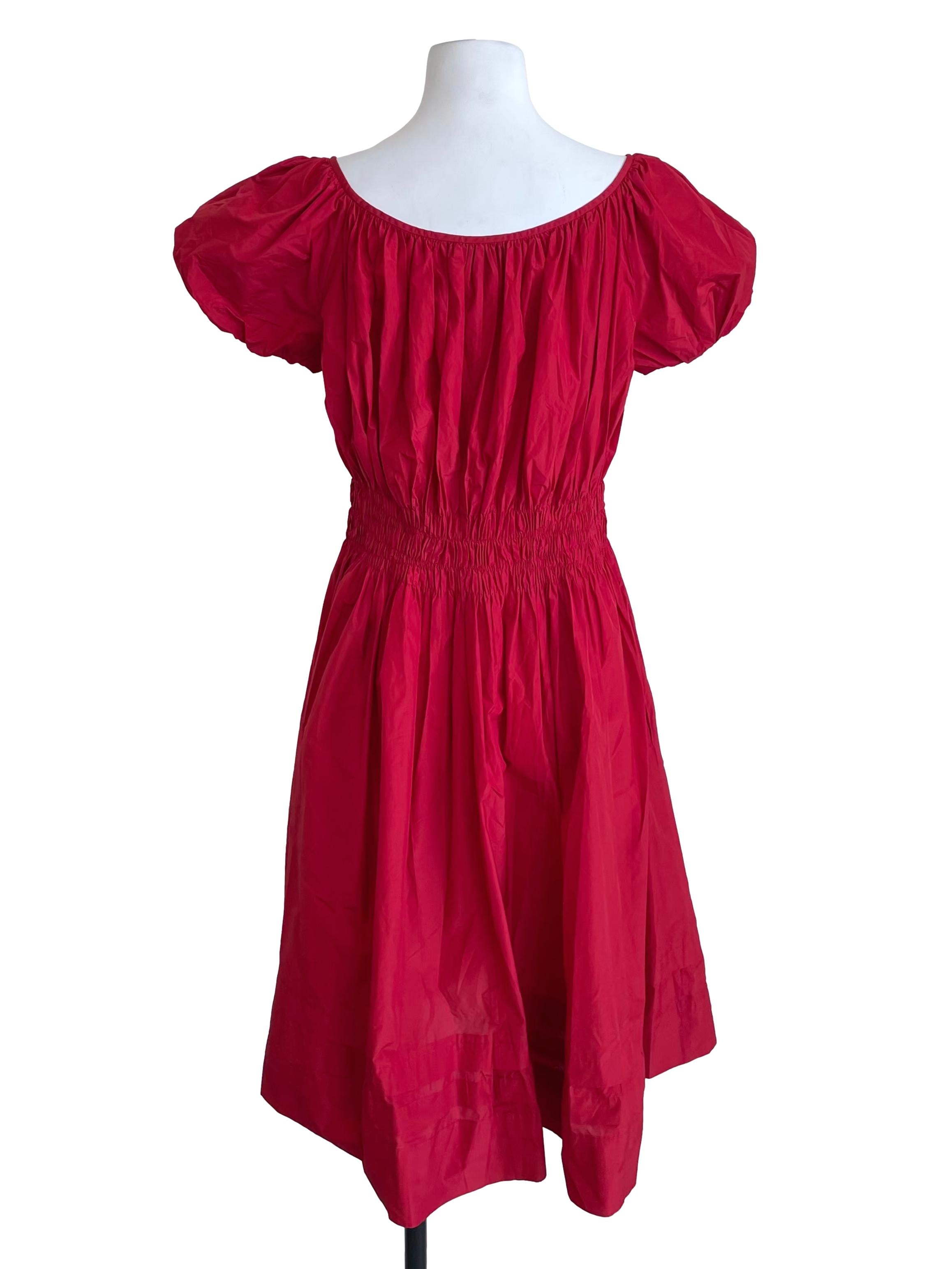Crimson Shirred Peasant Dress