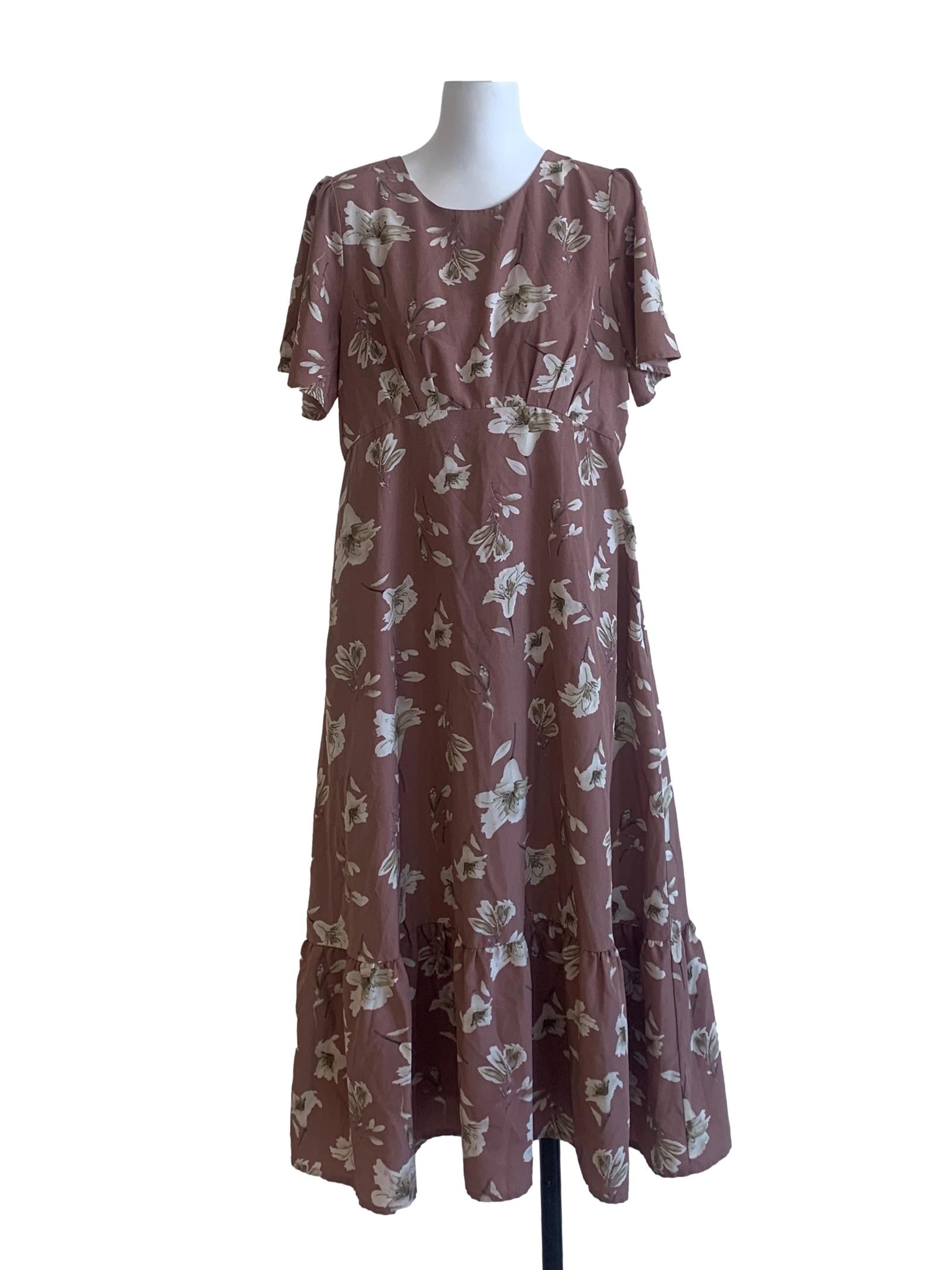 Rosewood Pink Floral Pattern Short Sleeve Dress