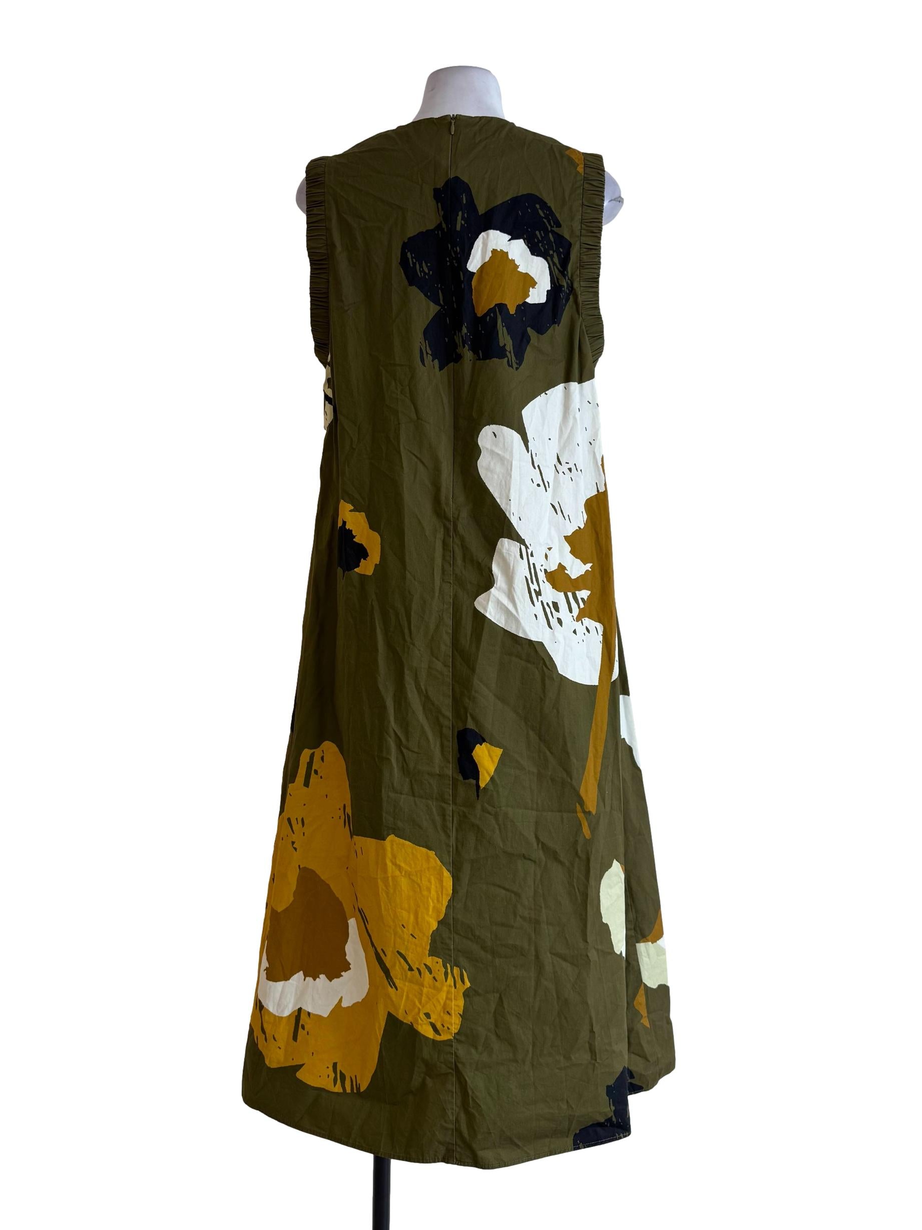 Moss Green With Multicolor Motifs Tappered Sleeve Dress