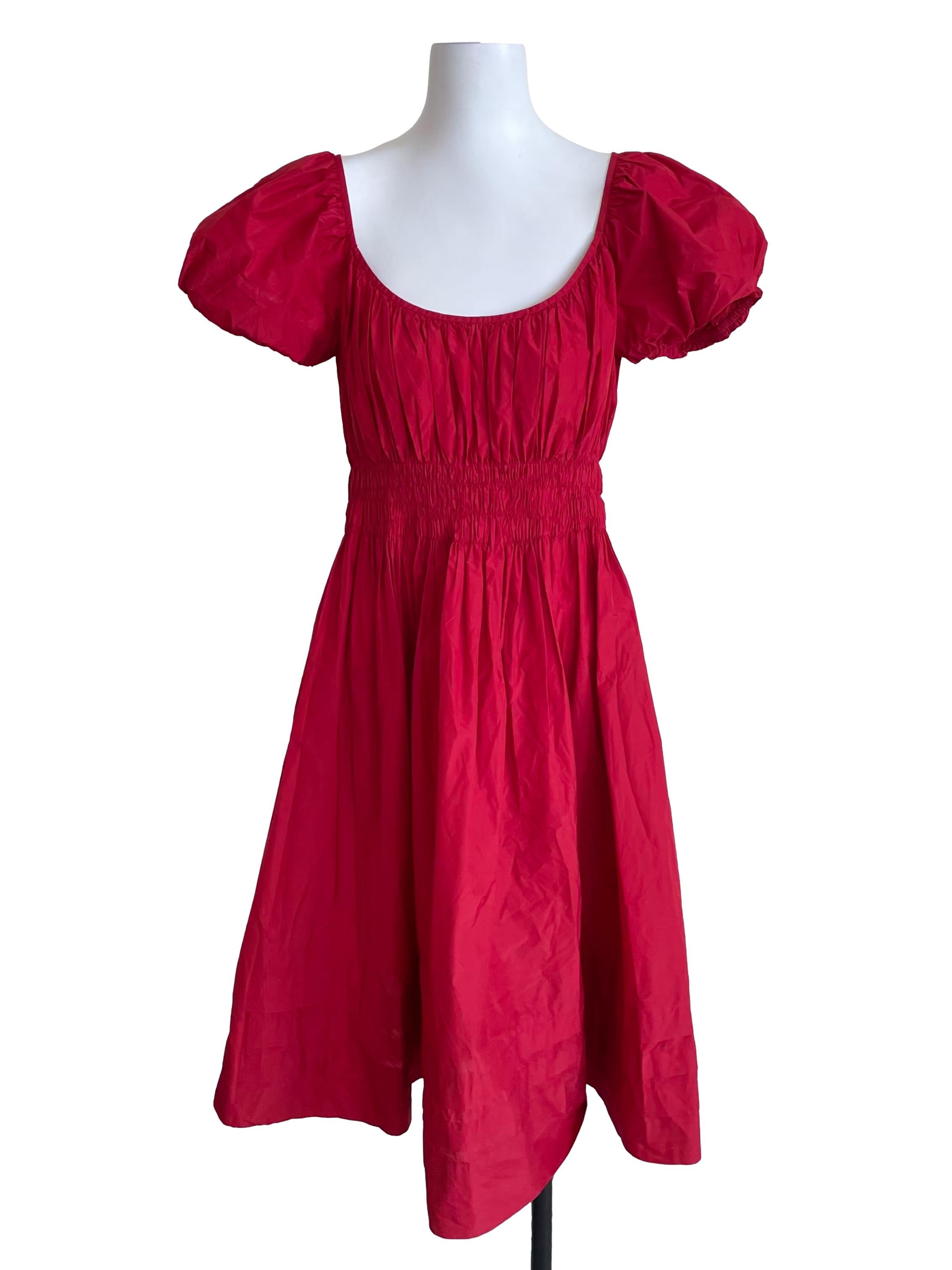 Crimson Shirred Peasant Dress