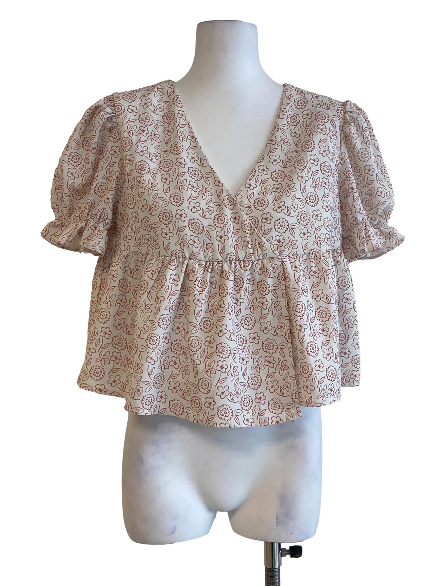 White And Orange Floral V Neck Blouse