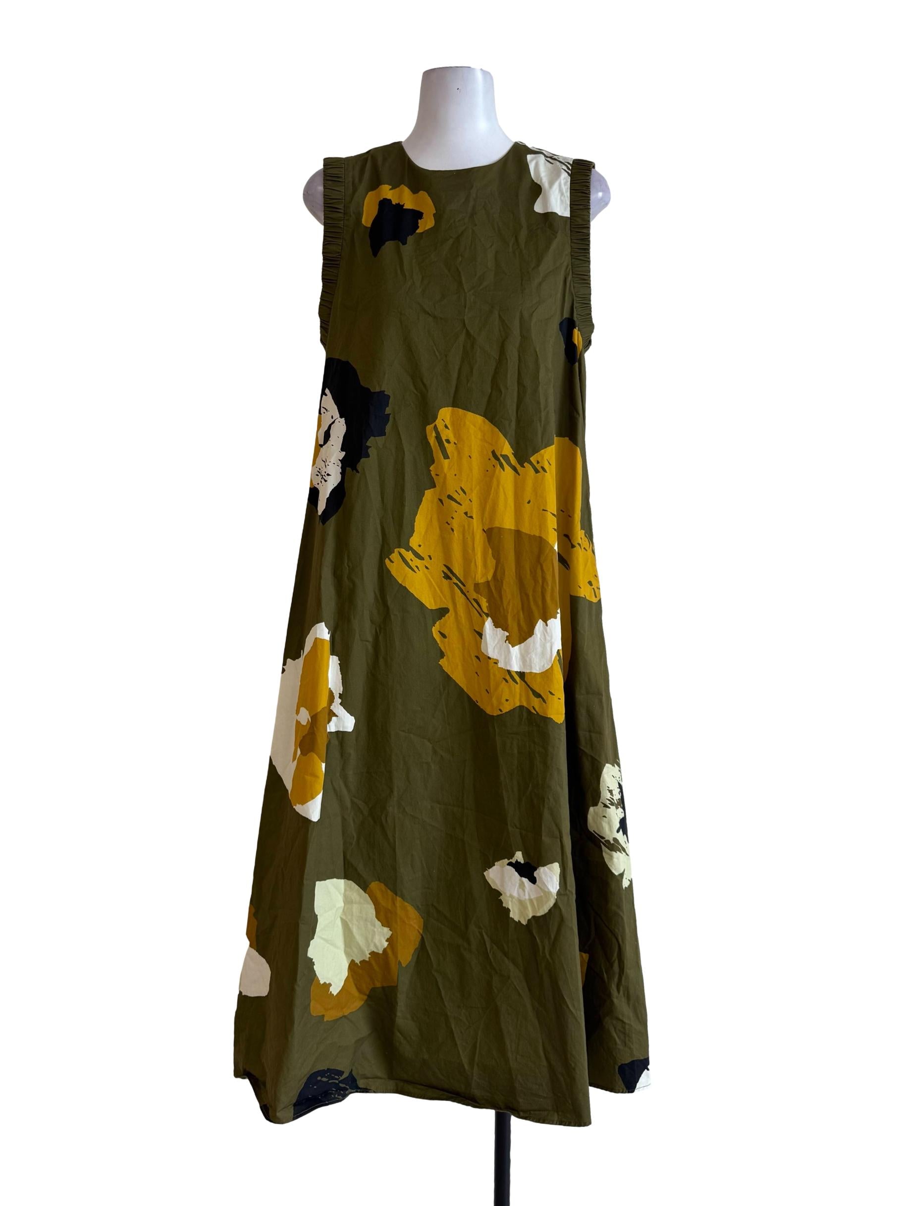 Moss Green With Multicolor Motifs Tappered Sleeve Dress