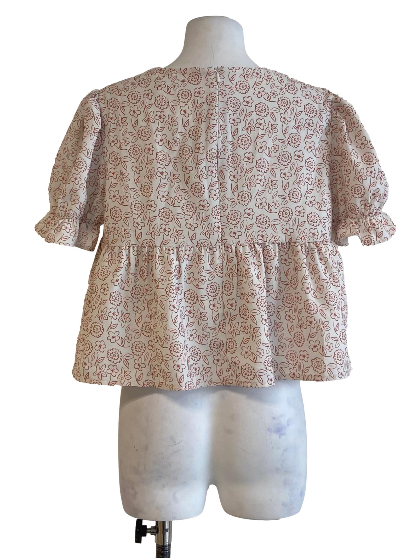 White And Orange Floral V Neck Blouse
