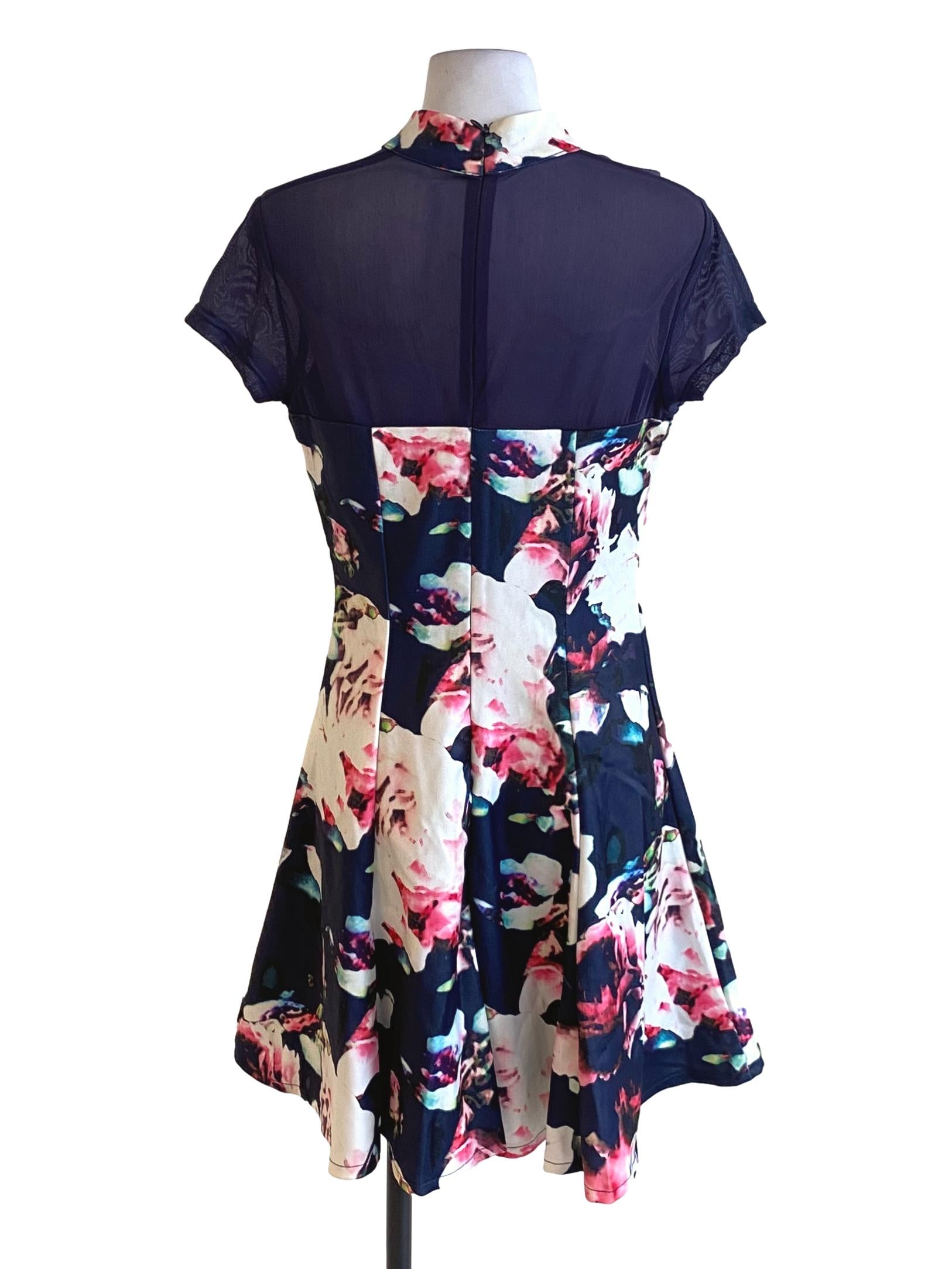 Navy Blue Floral Abstract Mandarin Collar A-Line Dress