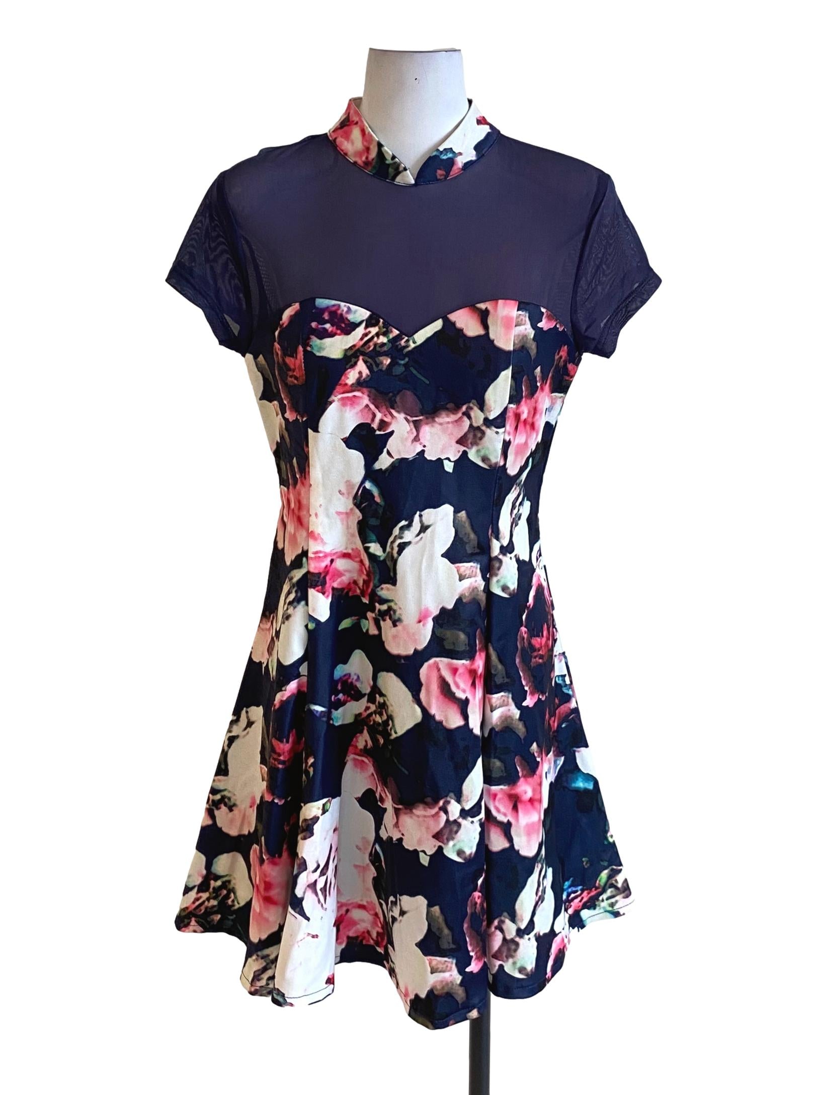 Navy Blue Floral Abstract Mandarin Collar A-Line Dress