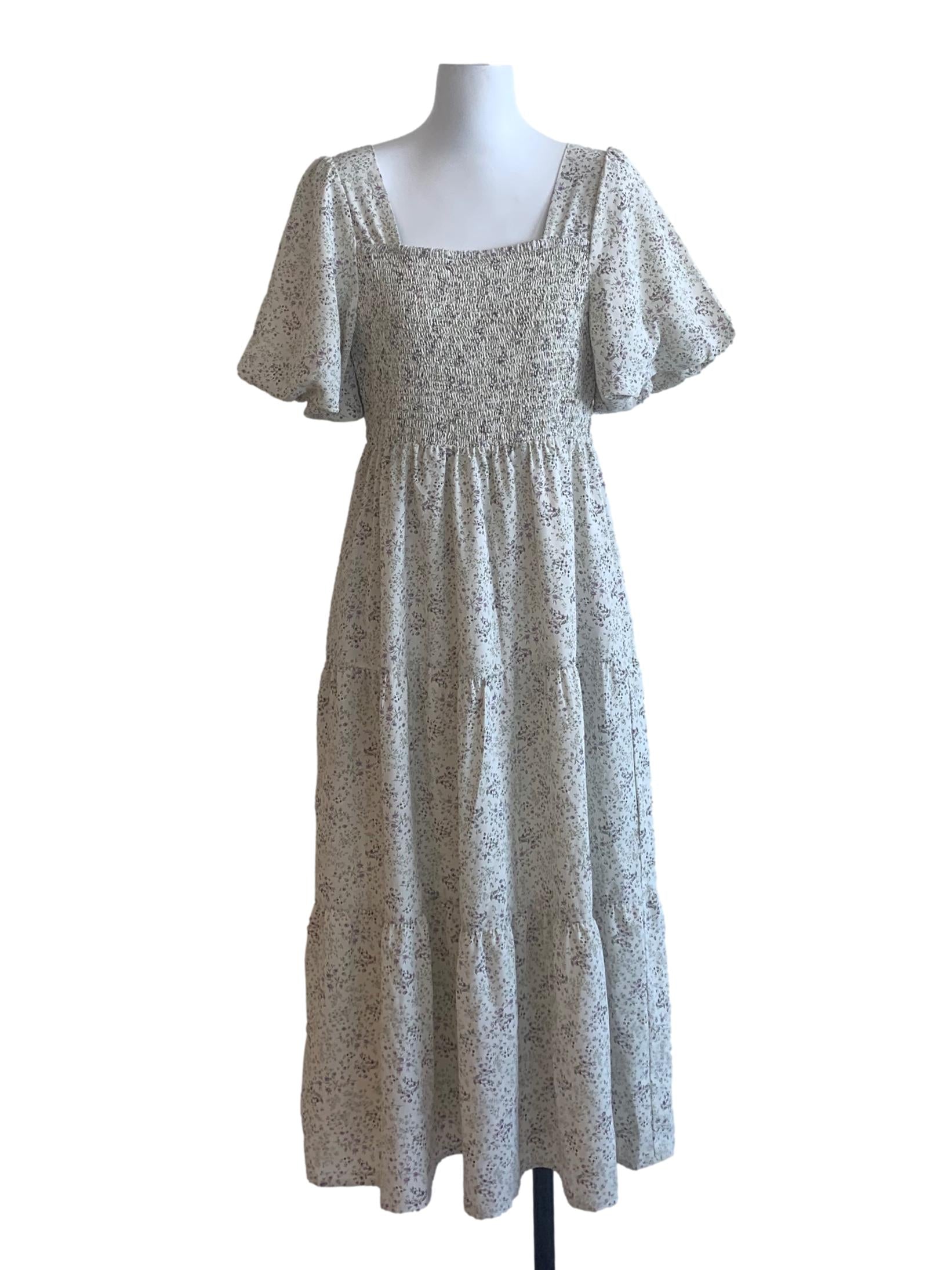White Purple Flower Pattern Empire Dress