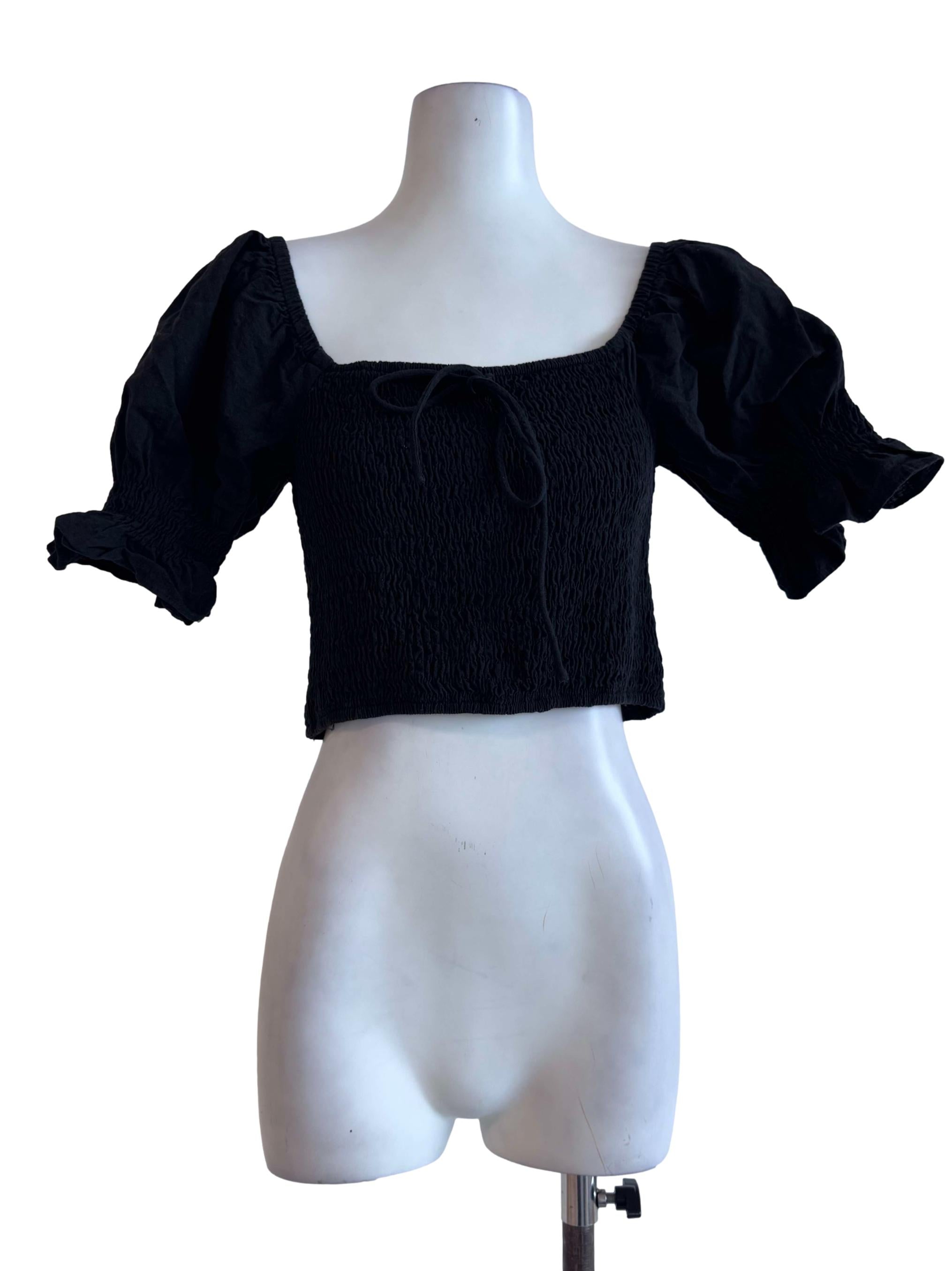 Black Smocked Ruffle Crop Top