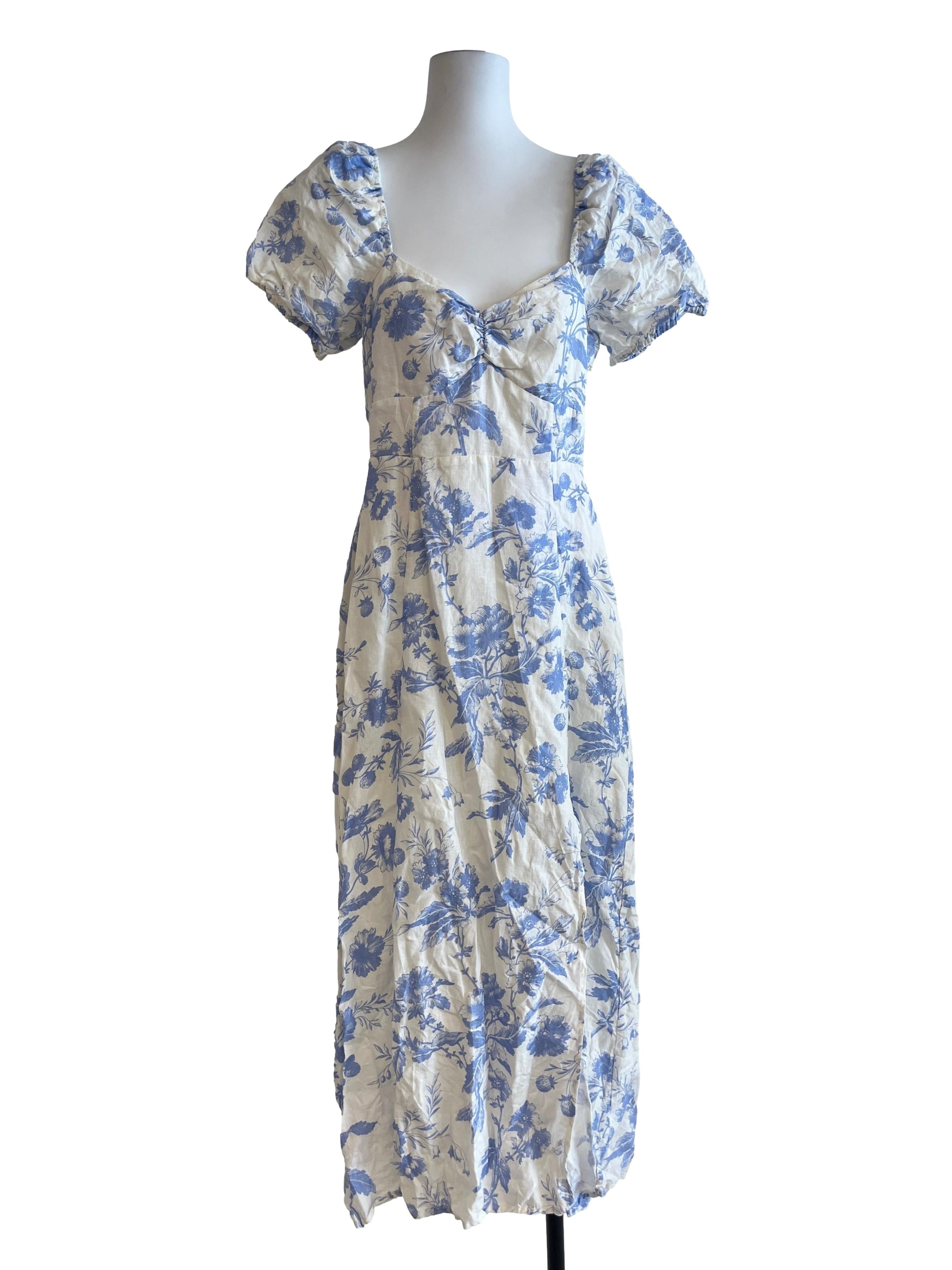Chiffon White Blue Floral Print Dress