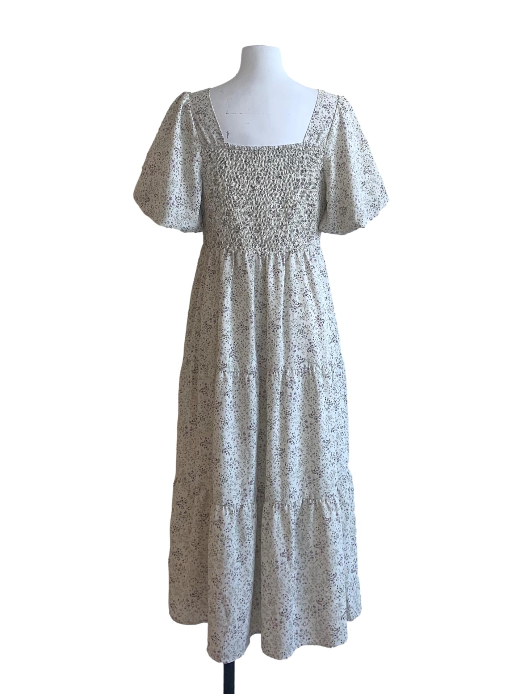 White Purple Flower Pattern Empire Dress