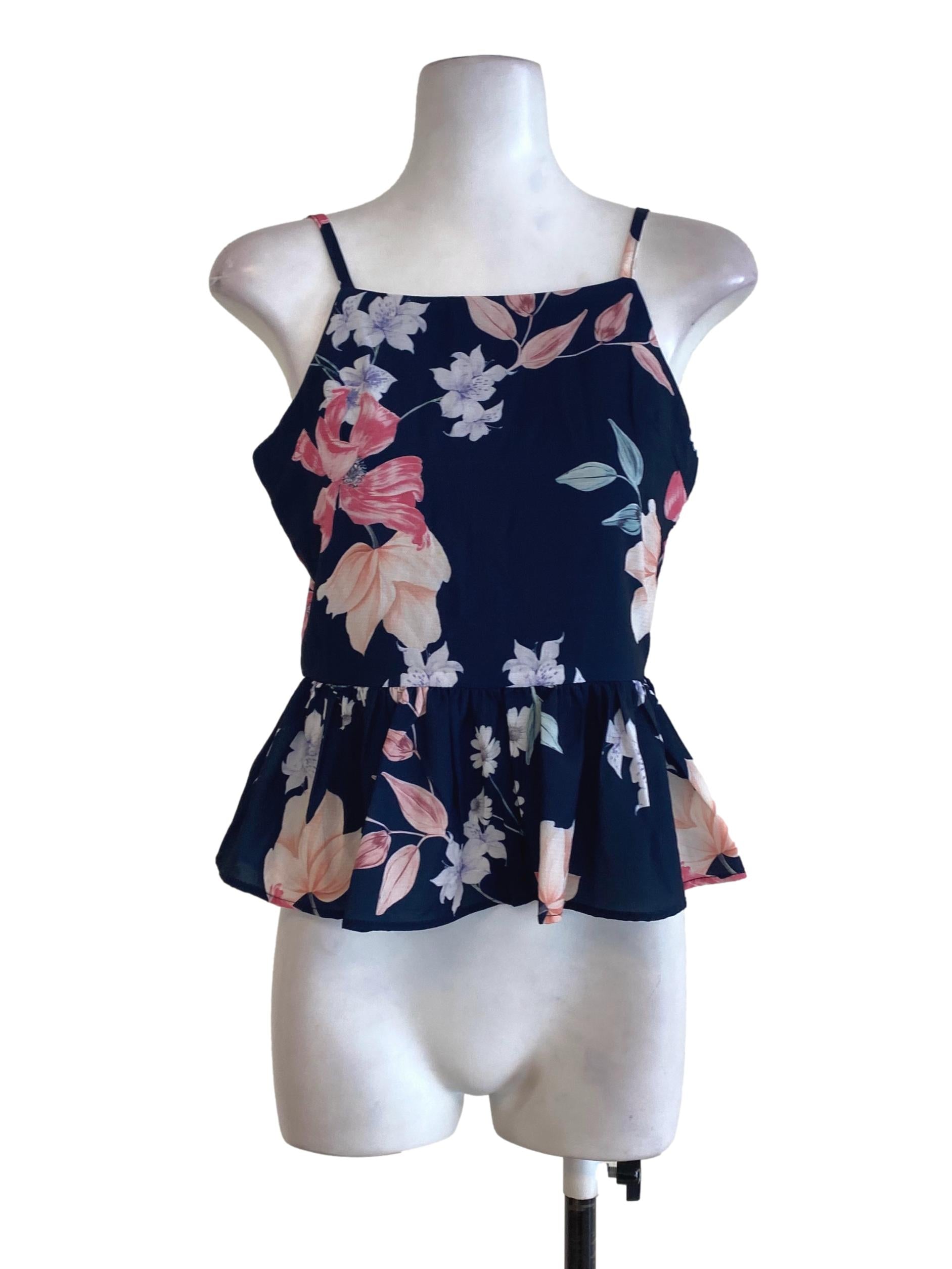 Lovet Navy Blue Floral Ruffle Top | REFASH