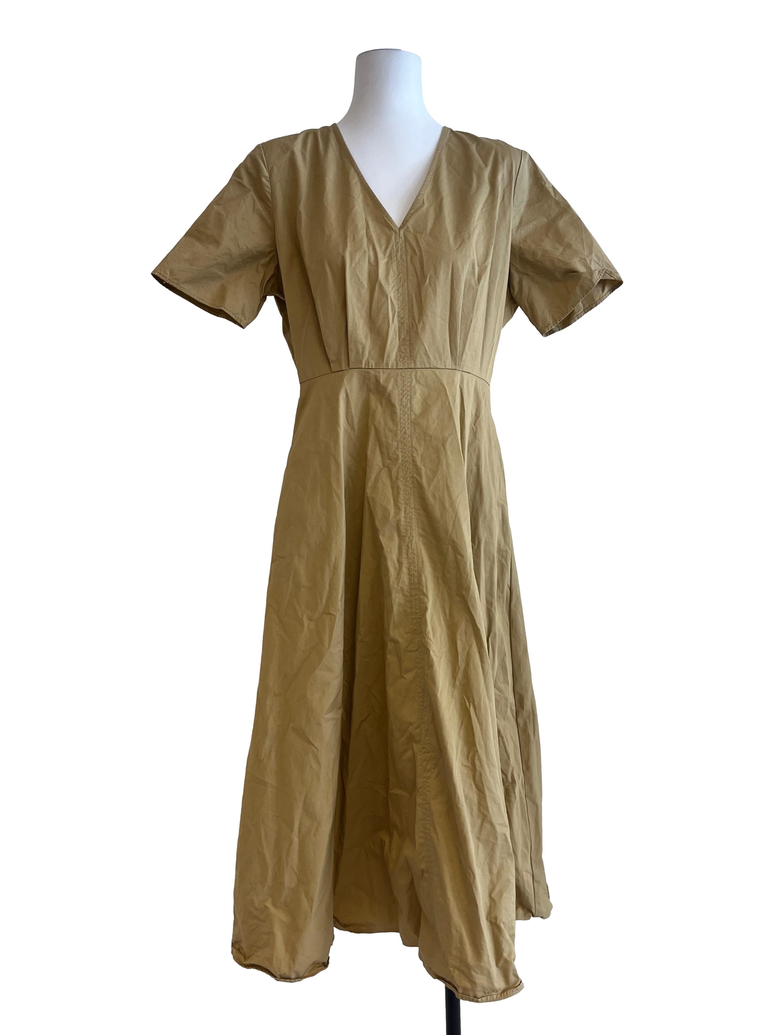 Brown Organic Cotton V-Neck Pleated Dress OSN