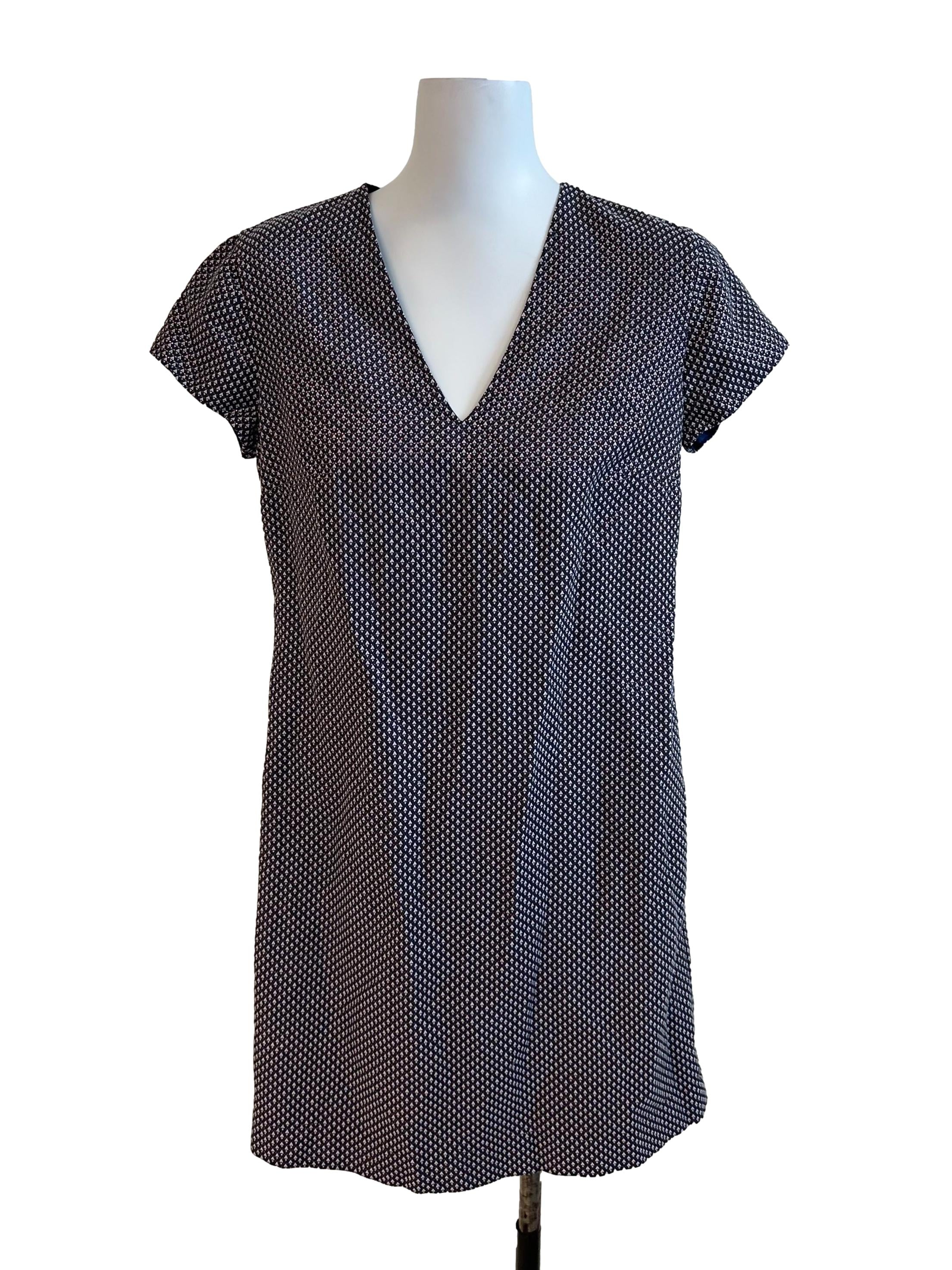 Midnight Blue Pattern Textured V Neck Dress