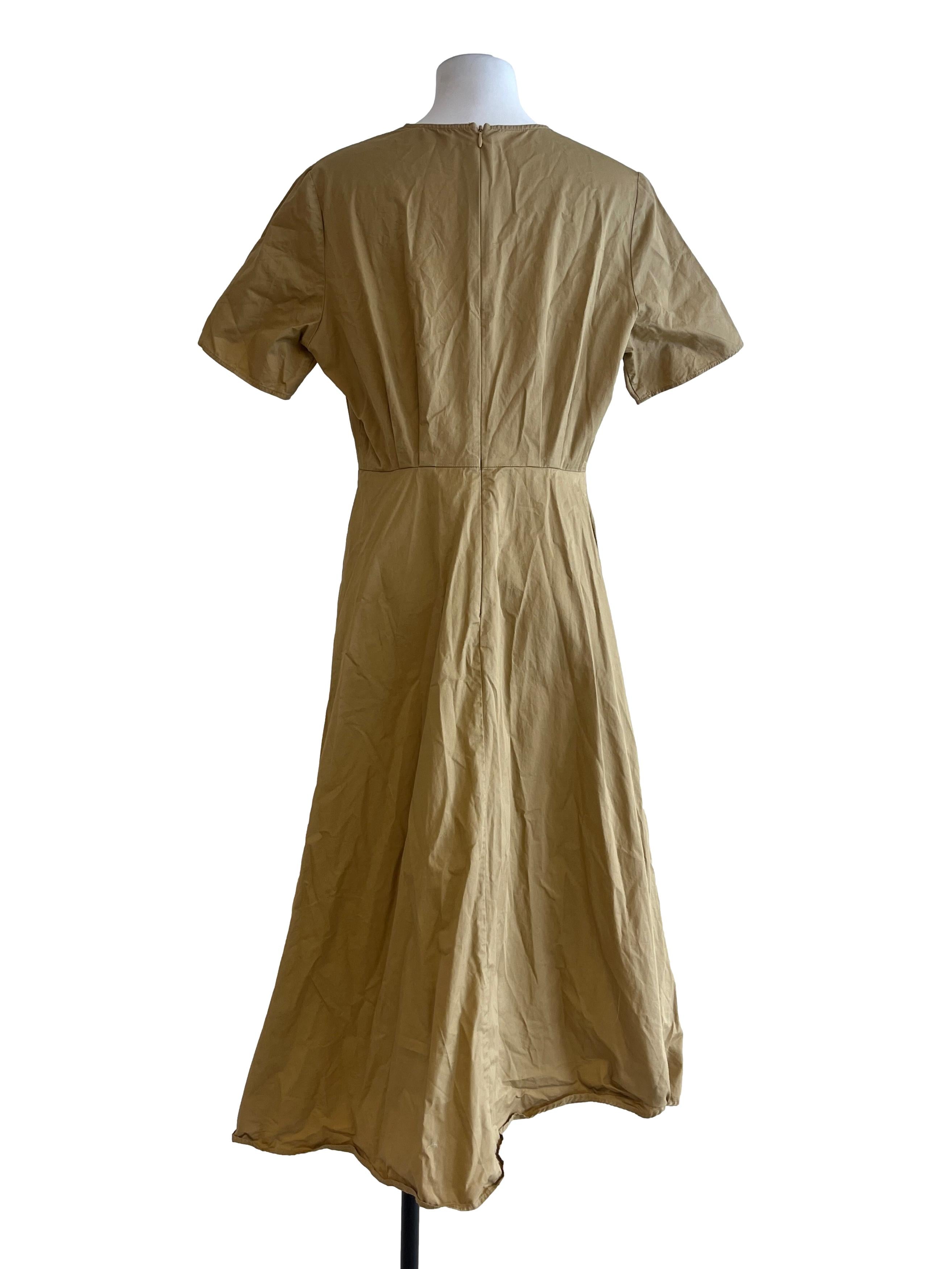 Brown Organic Cotton V-Neck Pleated Dress OSN