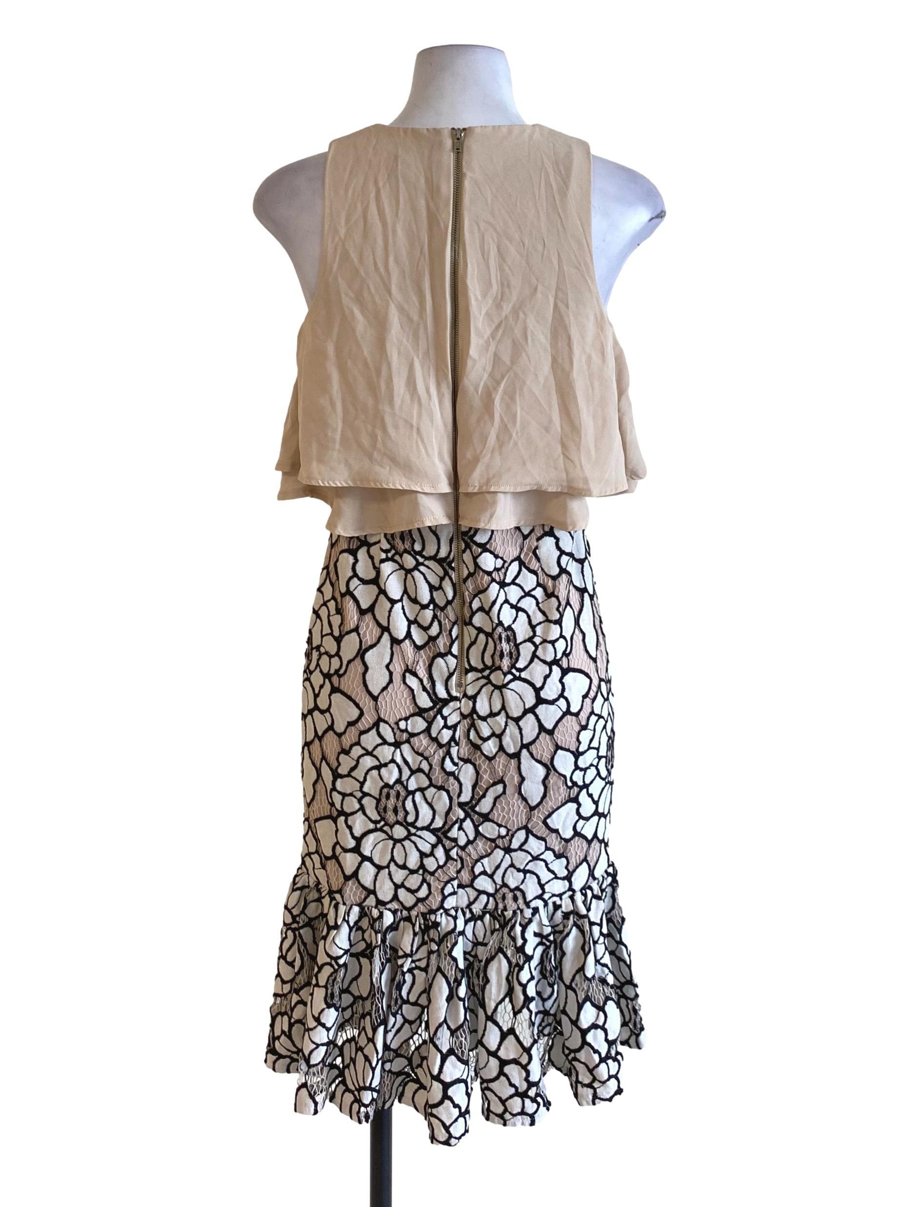 Light Latte Brown Cape Floral Lace Drop Waist Dress