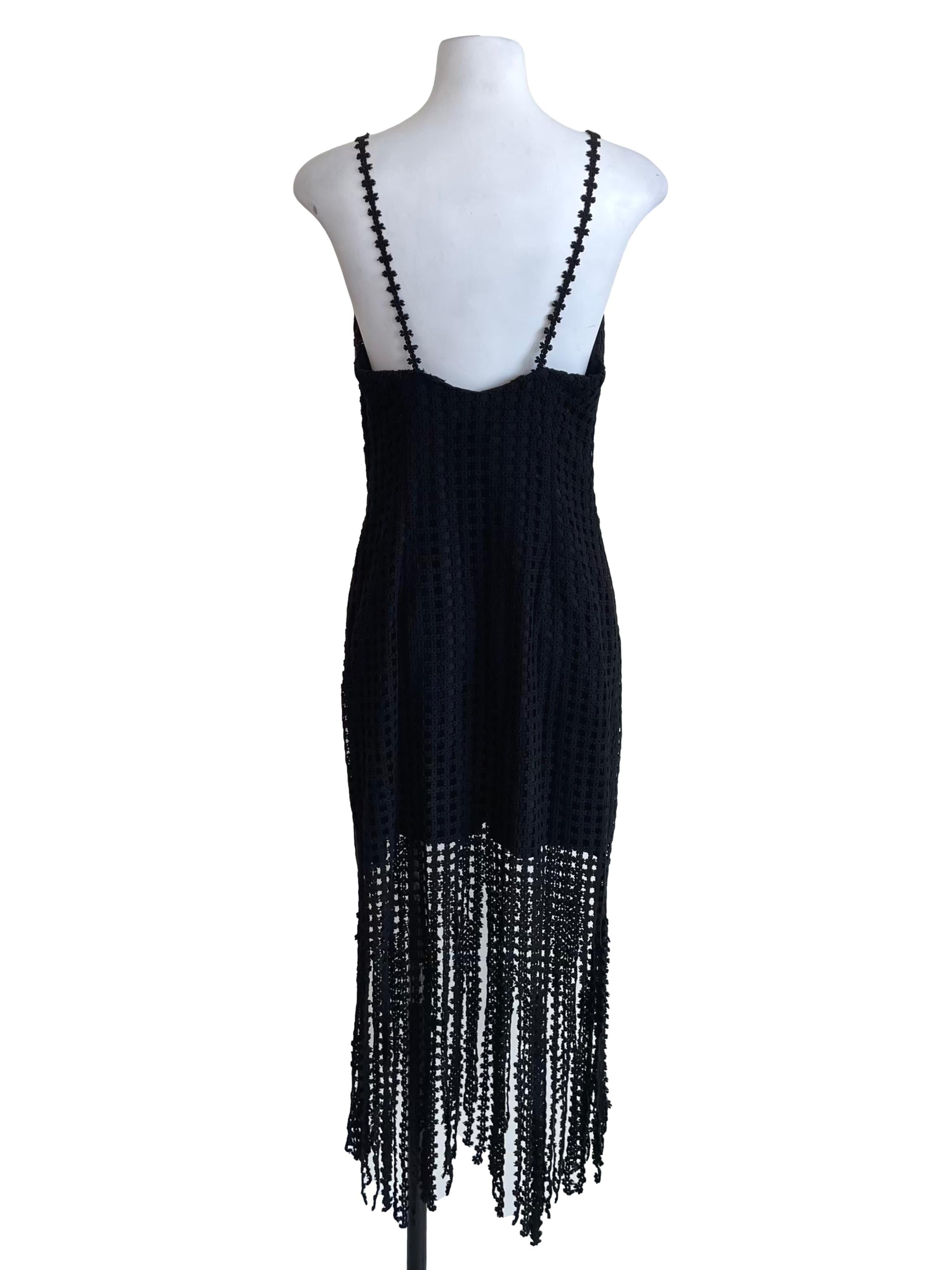 Black Floral Tassel Slip Dress