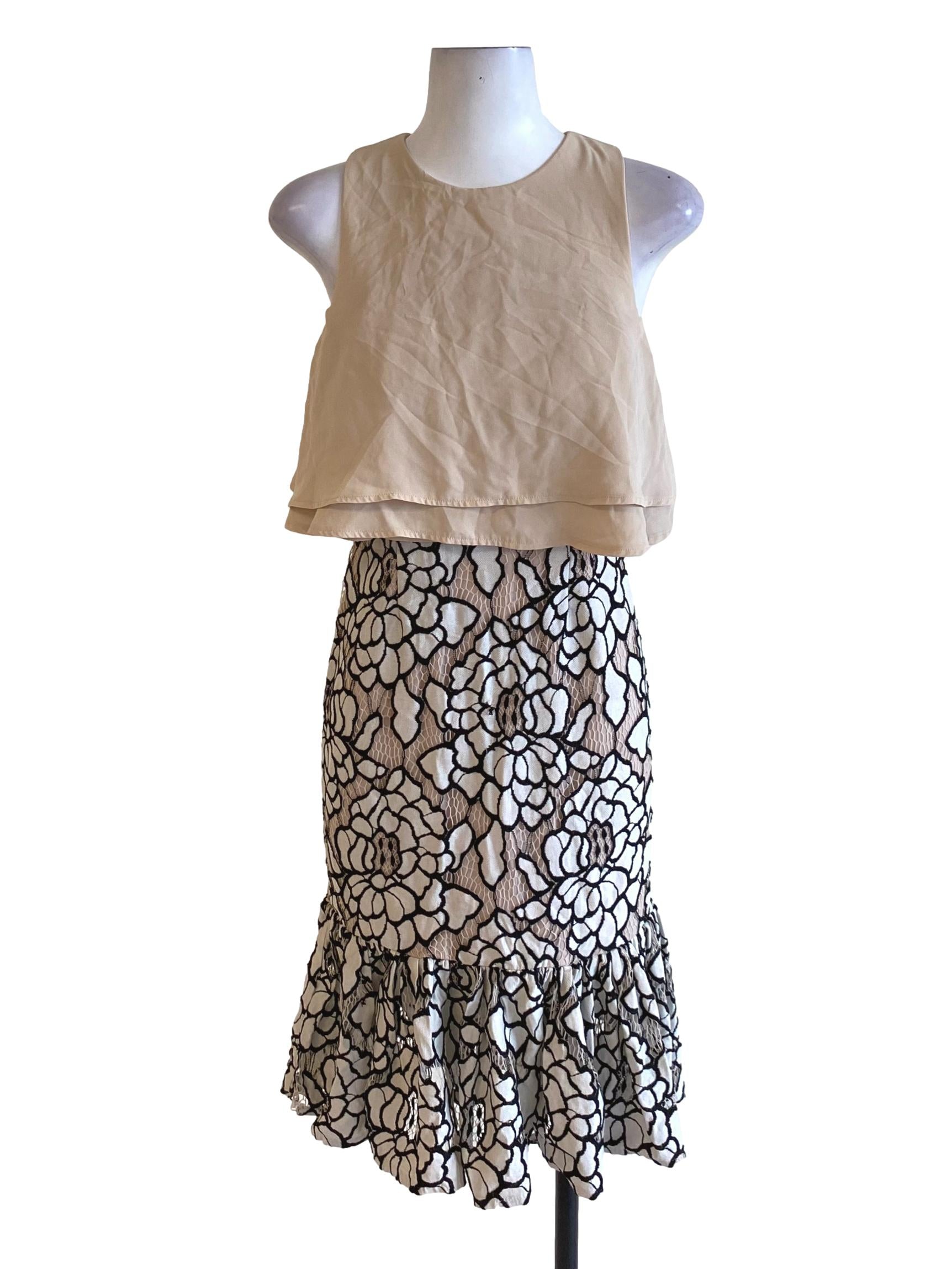 Light Latte Brown Cape Floral Lace Drop Waist Dress