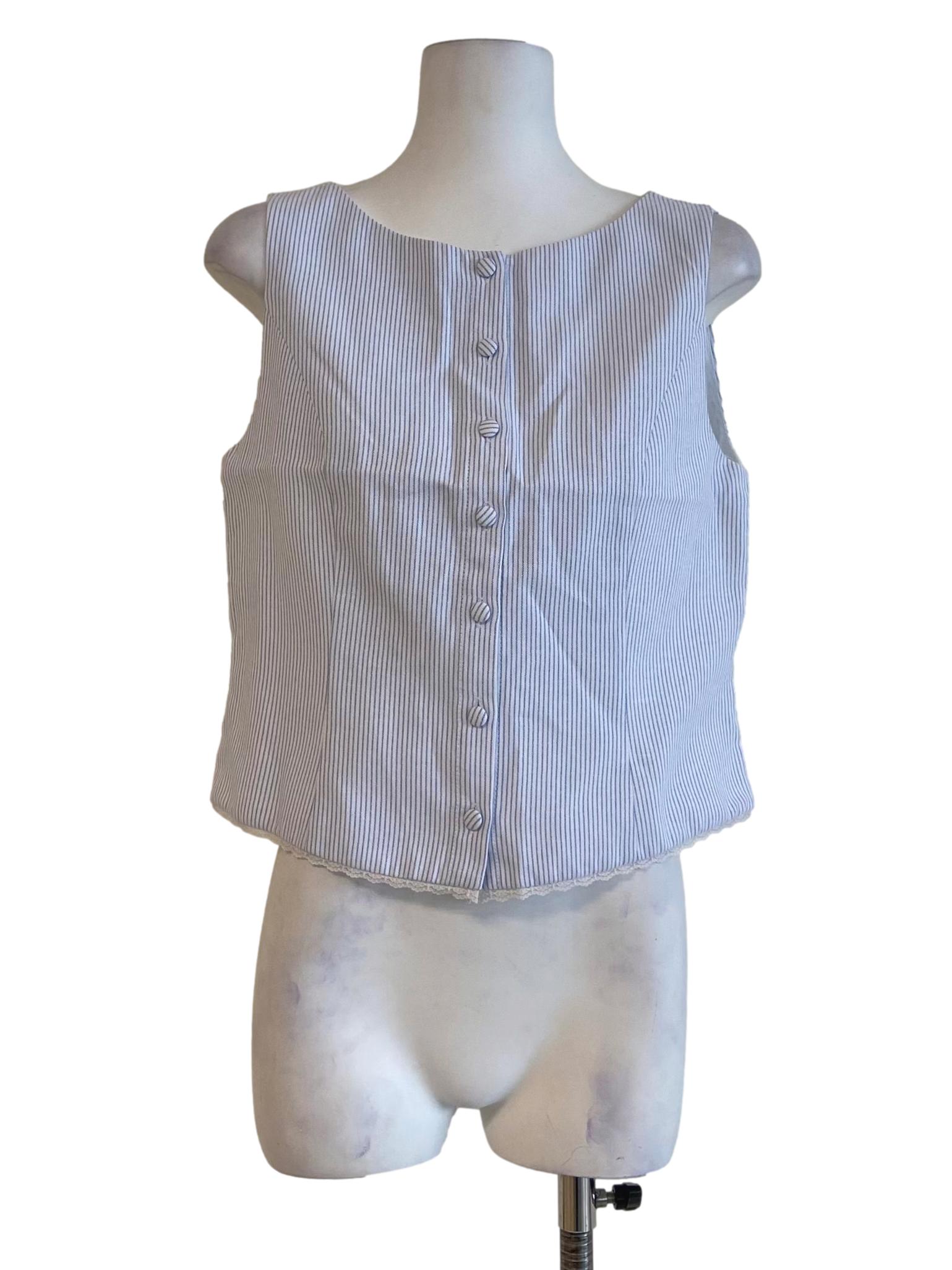 Blue And White Stripe Button Down Sleeveless Top