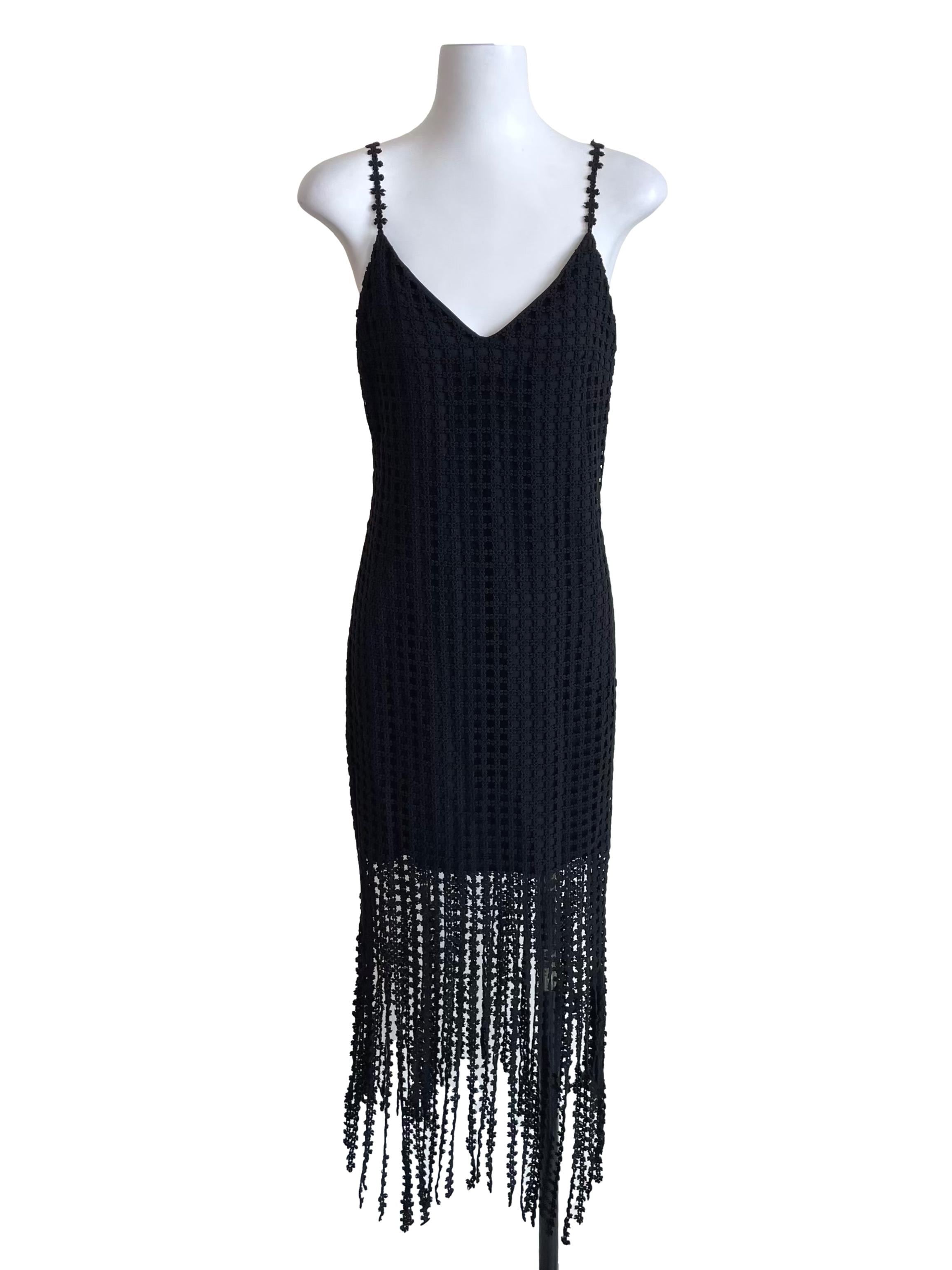 Black Floral Tassel Slip Dress