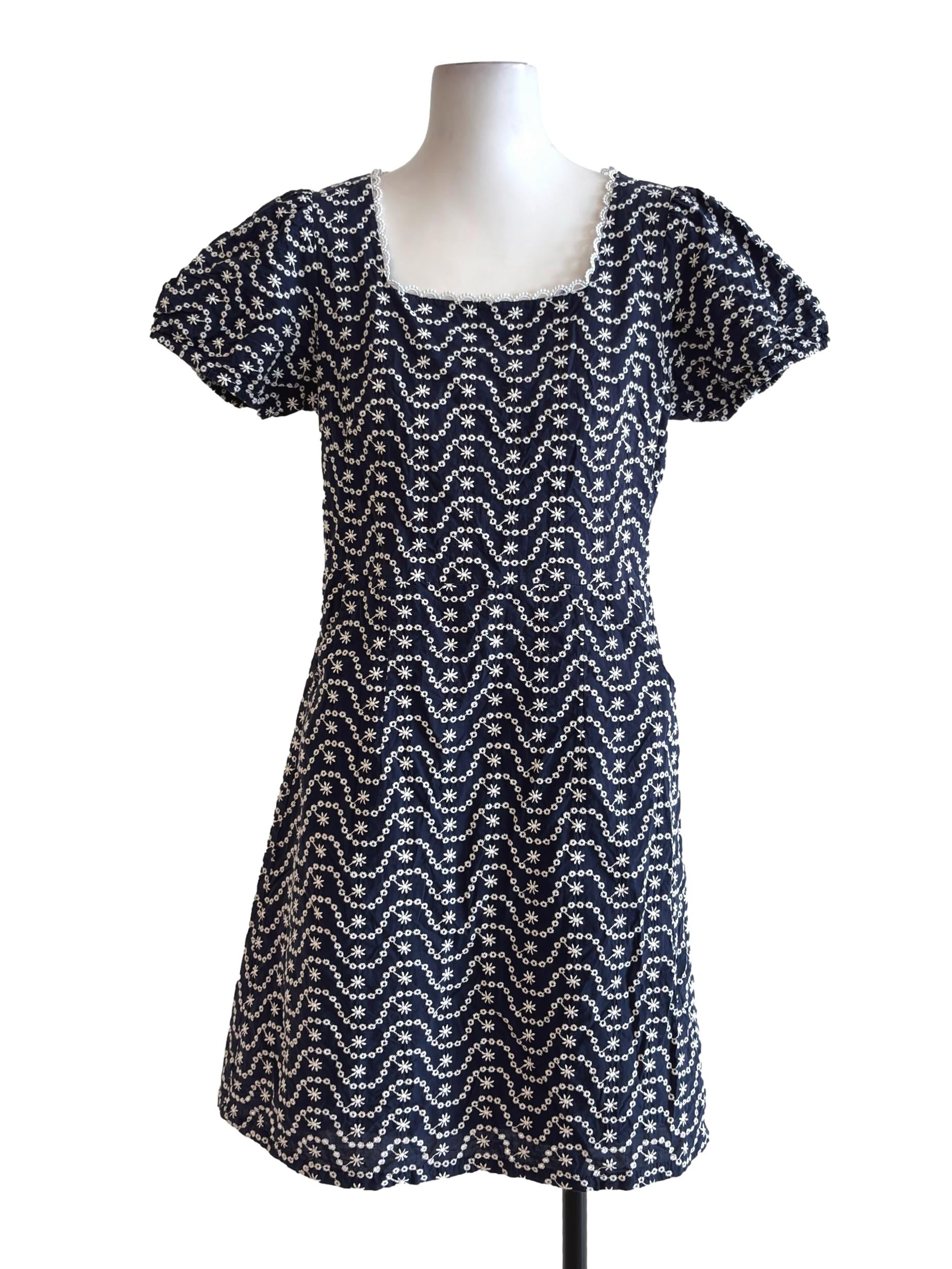 Navy Blue Embroidery Square Neck Dress