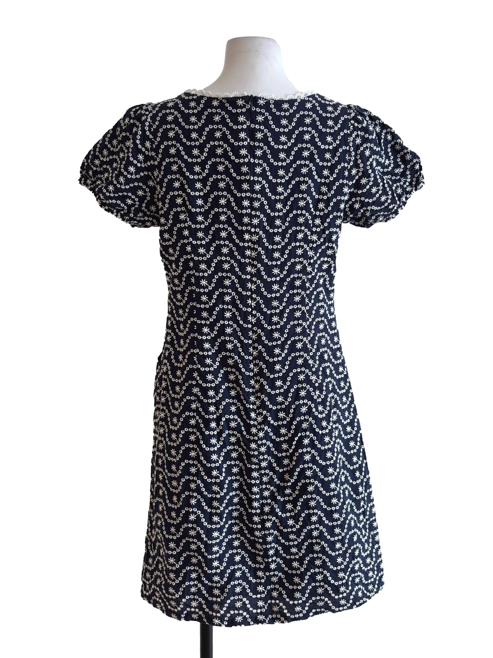 Navy Blue Embroidery Square Neck Dress