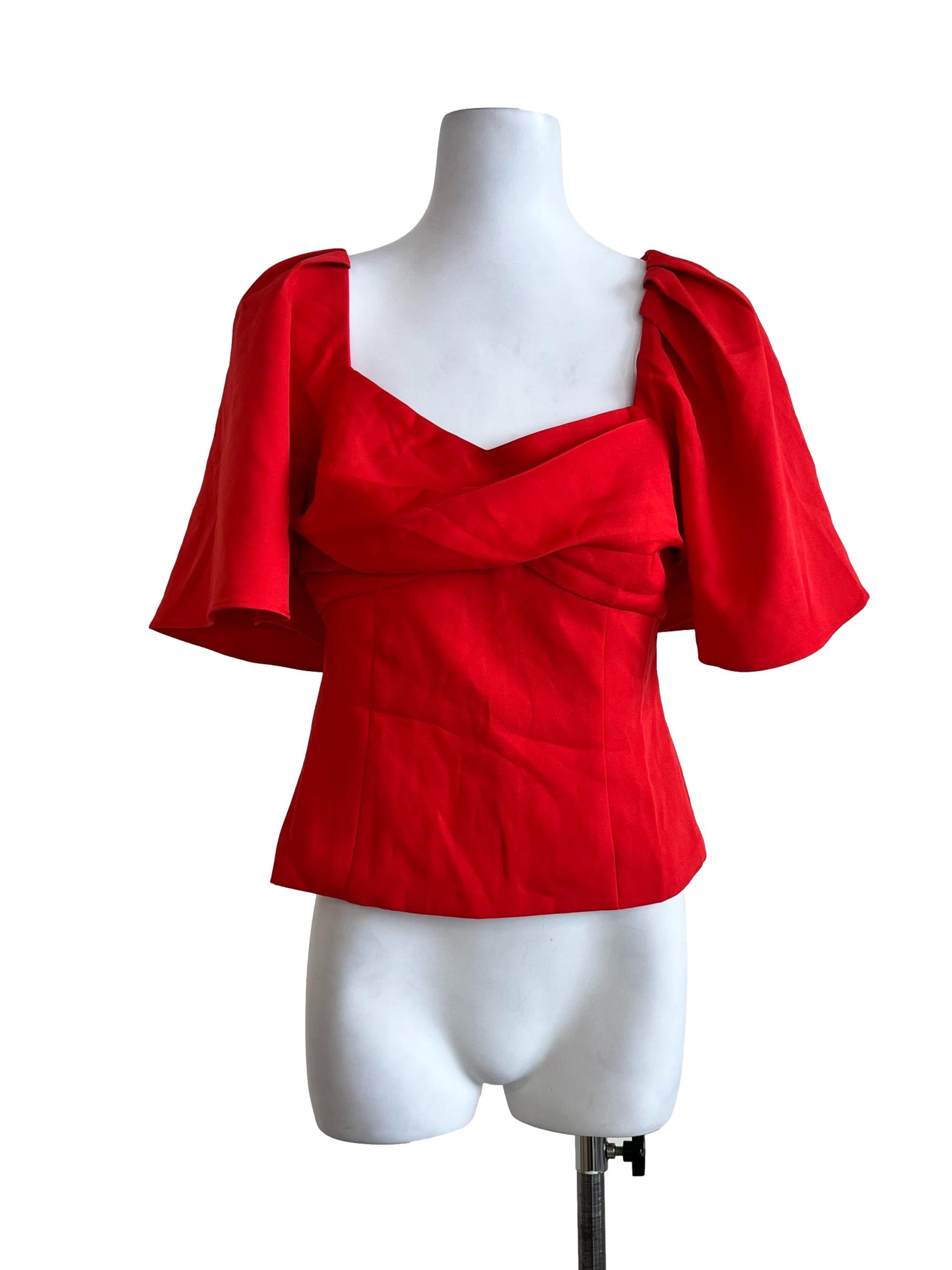 Red Plain Short Sleeves Blouse