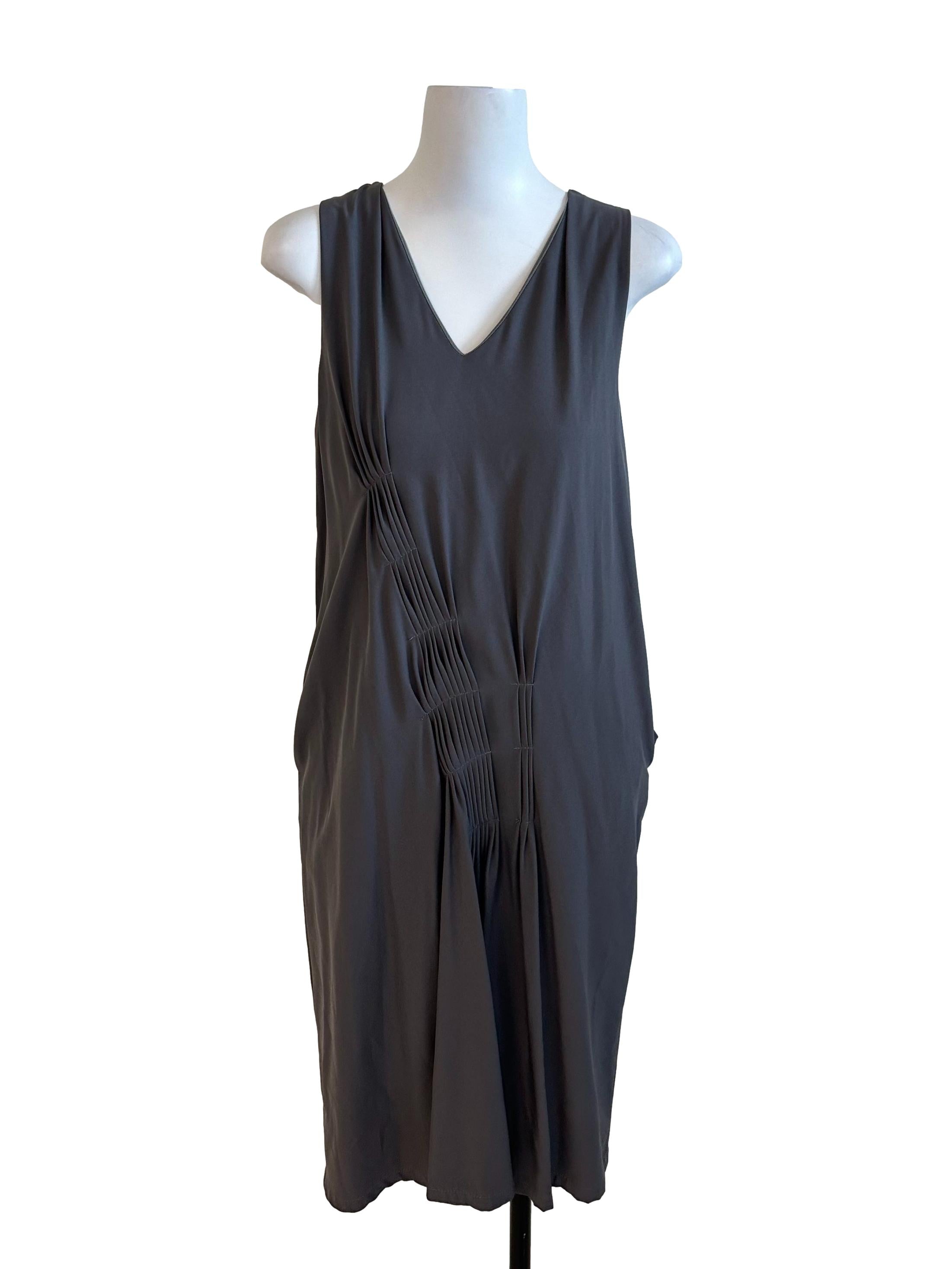 Dark Grey V Neck Side Pleated Dress
