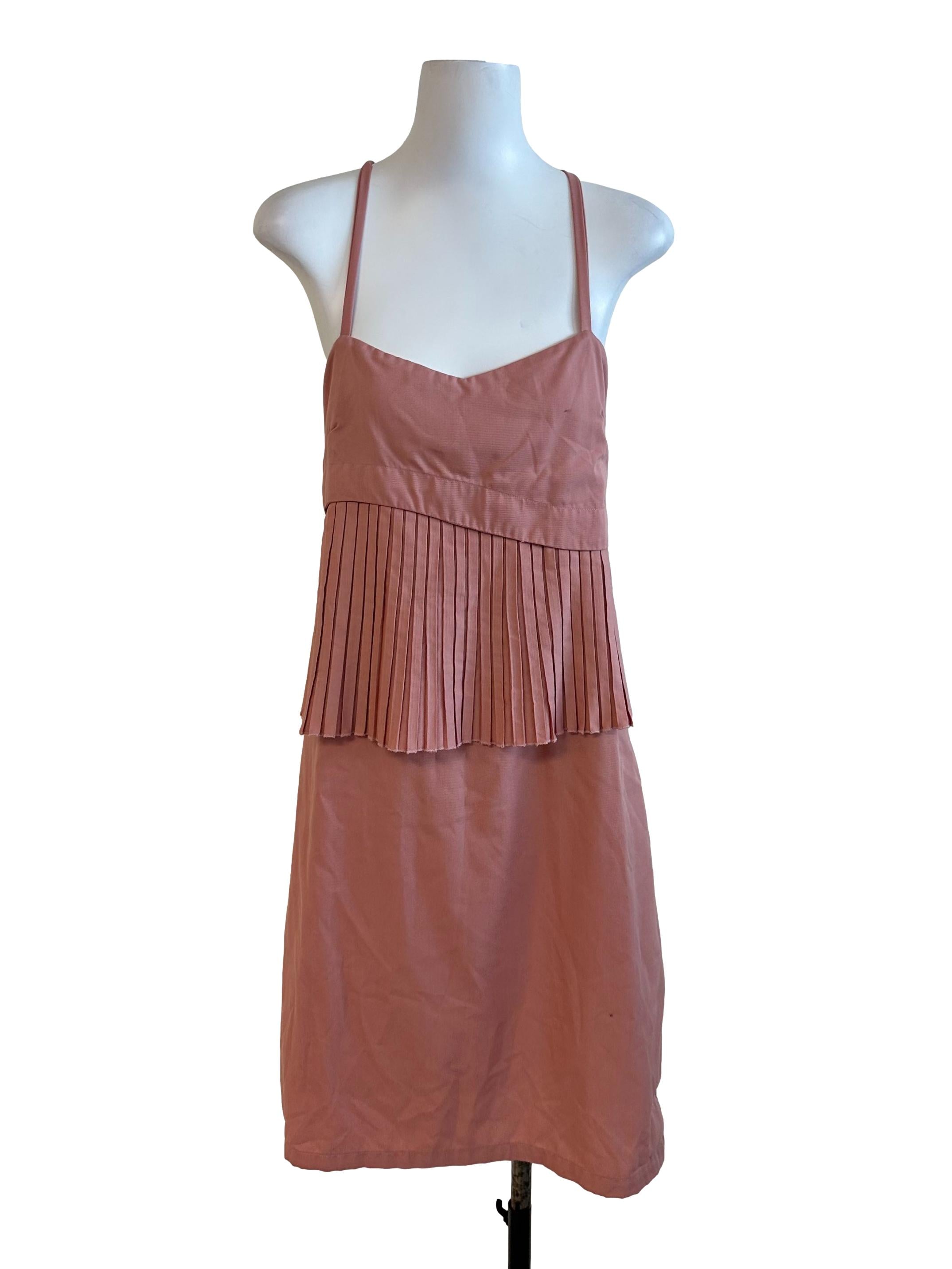 Rose Pink Pleated Back Overlap Strap Dress