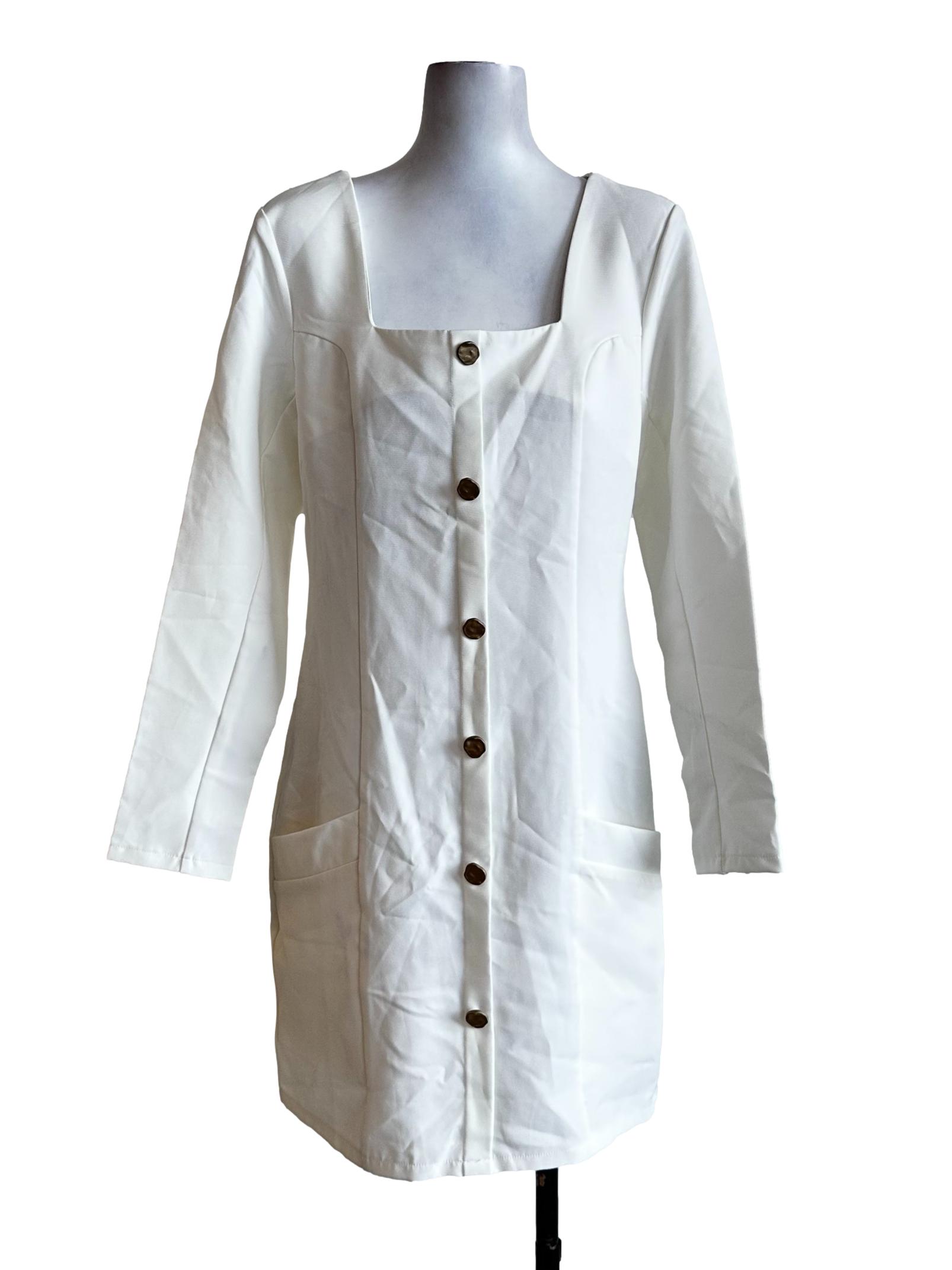 Daisy White Square Neck Button Dress