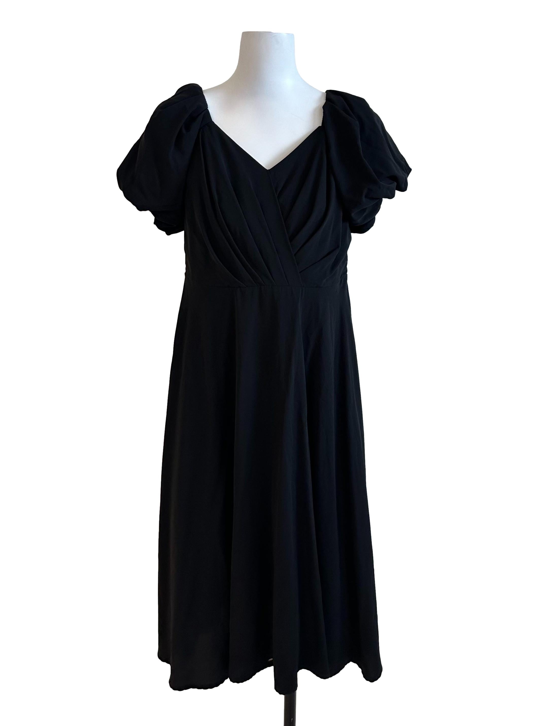 Raven Black Pleated Puff Sleeve Dress