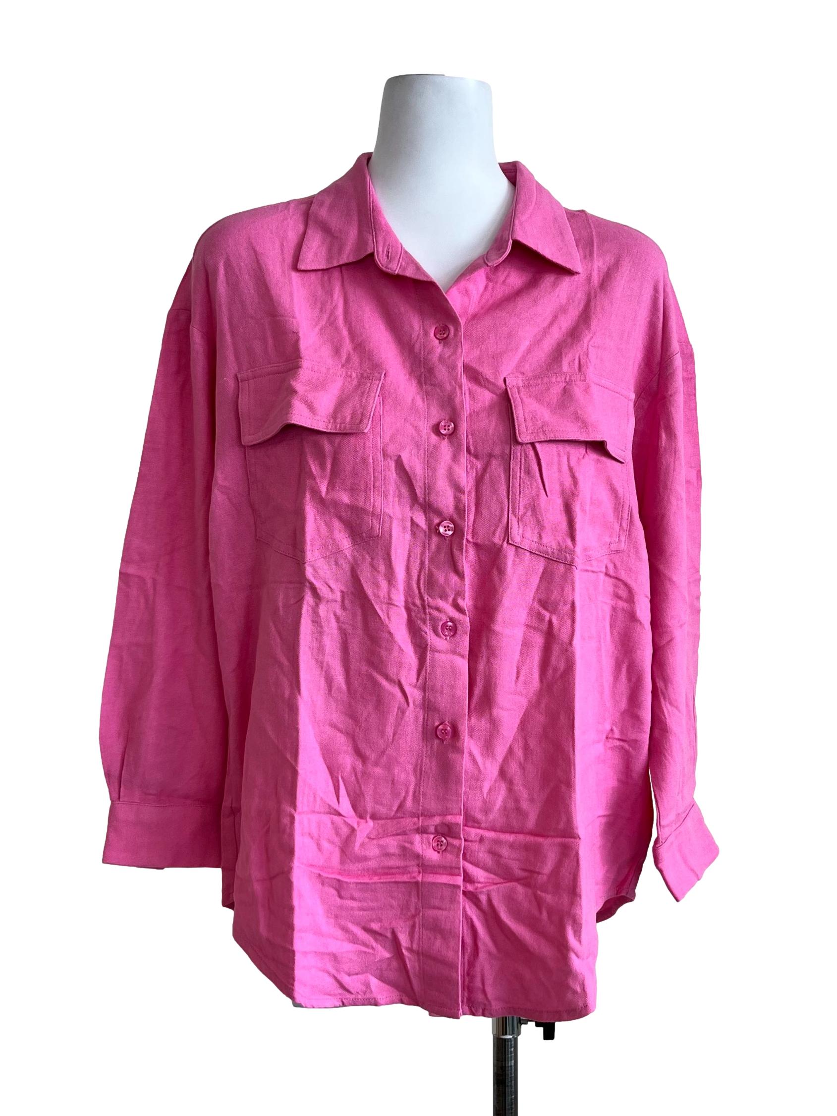 Pink Plain Long Sleeve Blouse