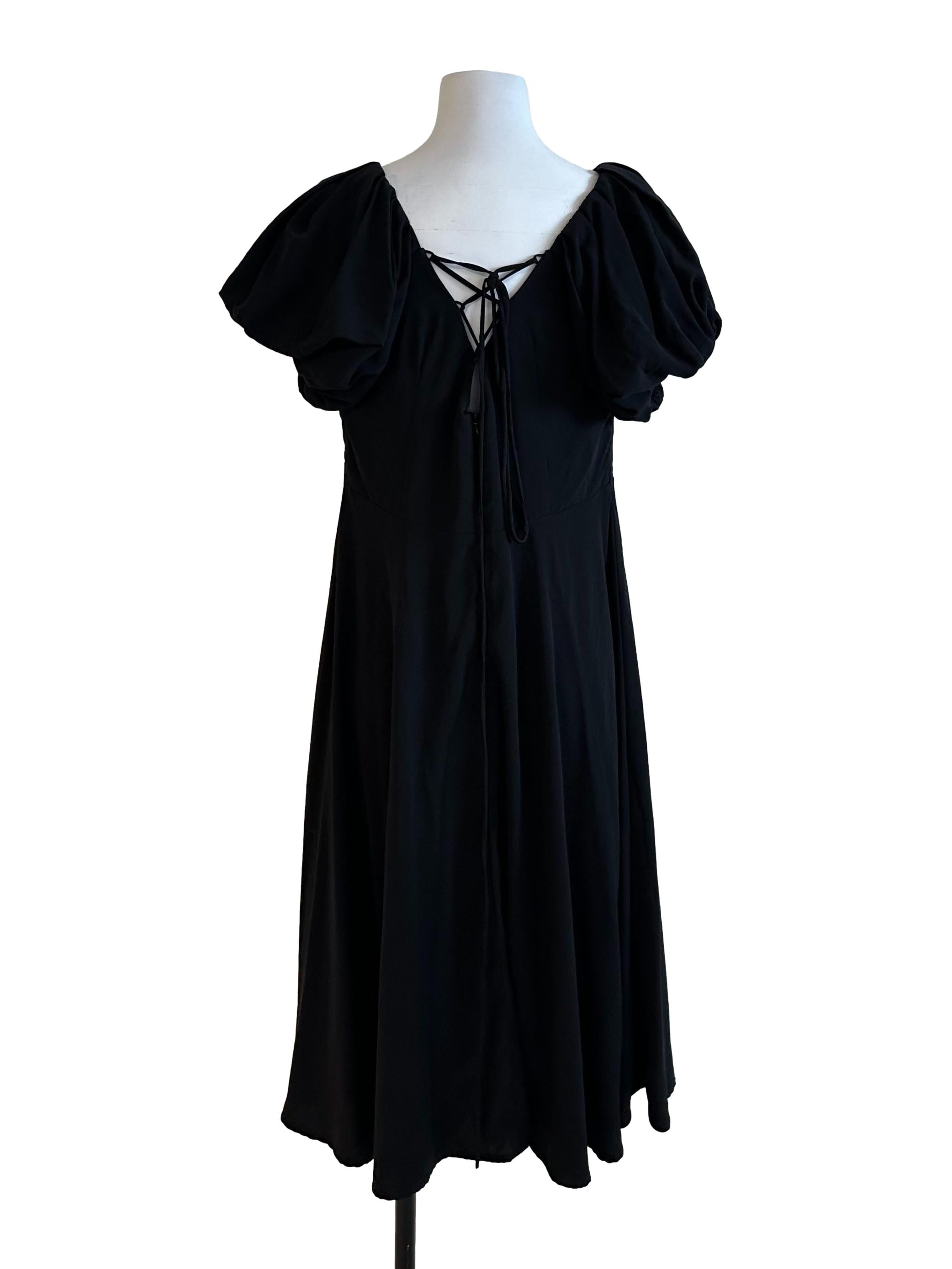 Raven Black Pleated Puff Sleeve Dress