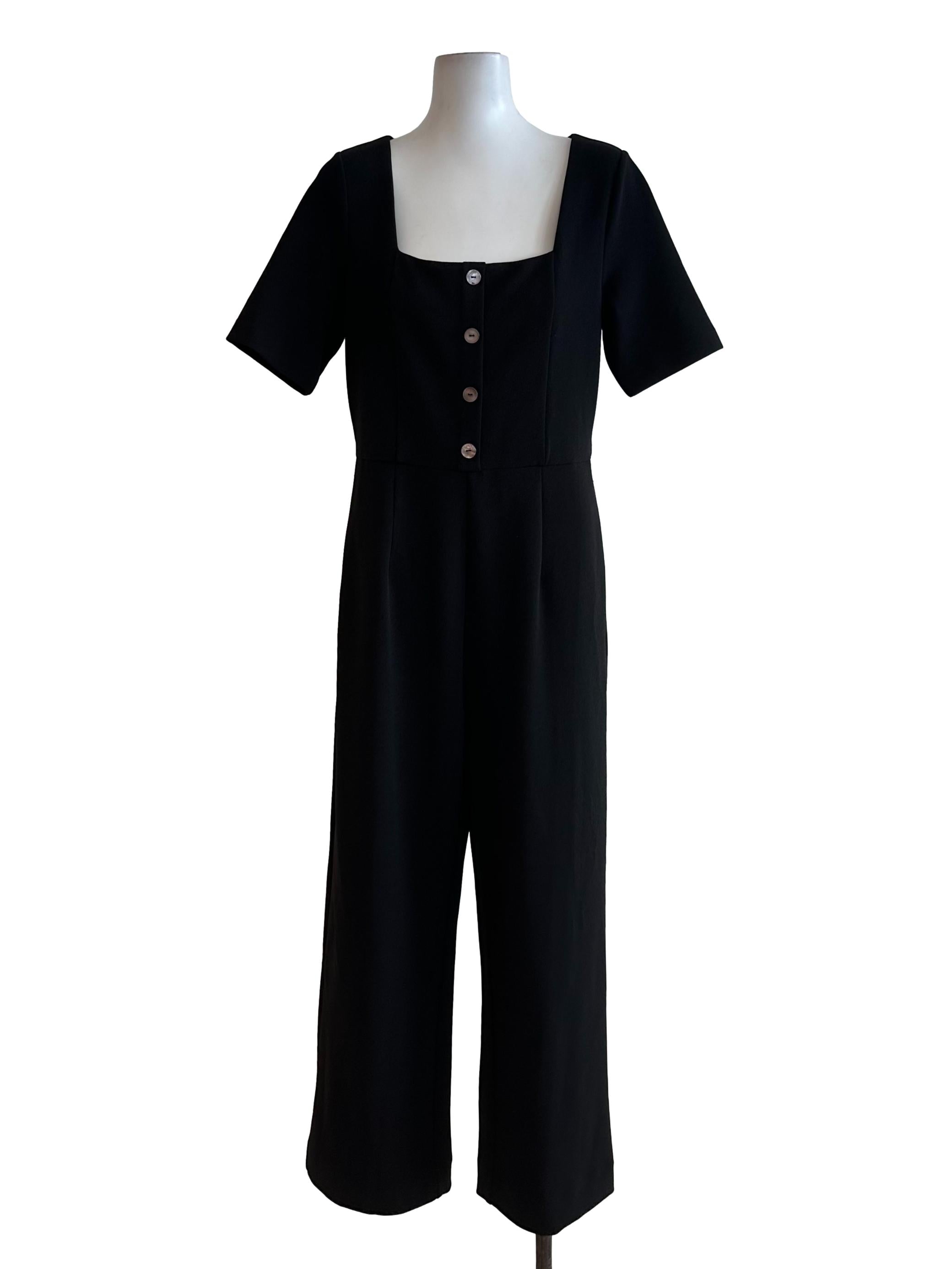 Onyx Black Square Neck Button Jumpsuit