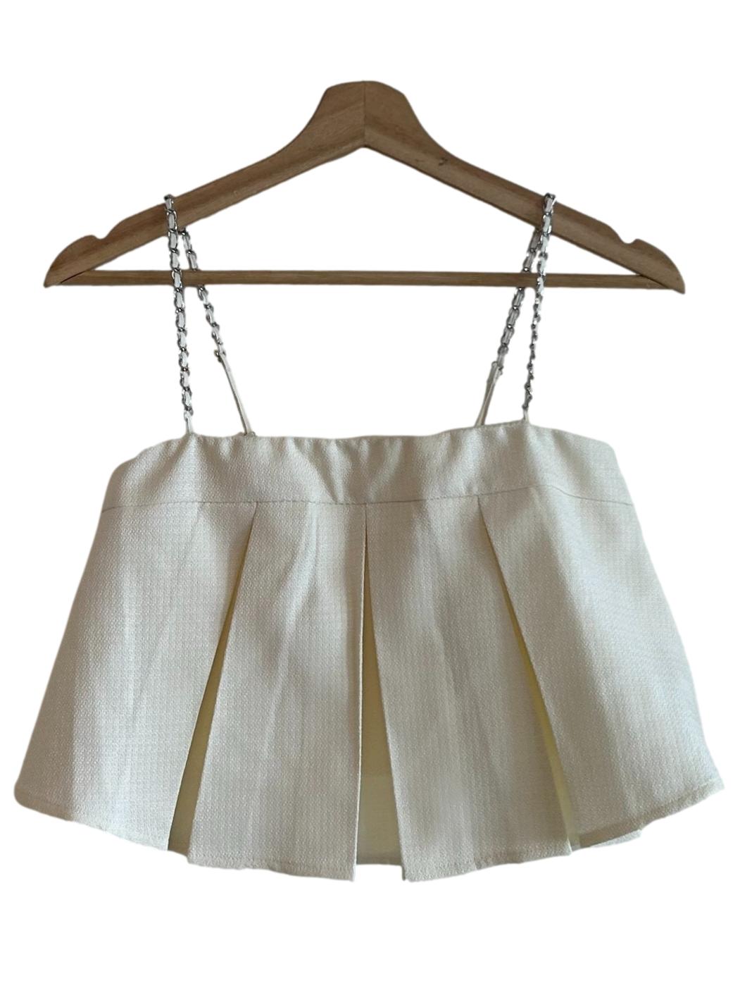 Cream White Pleated Chain Straps Crop Top