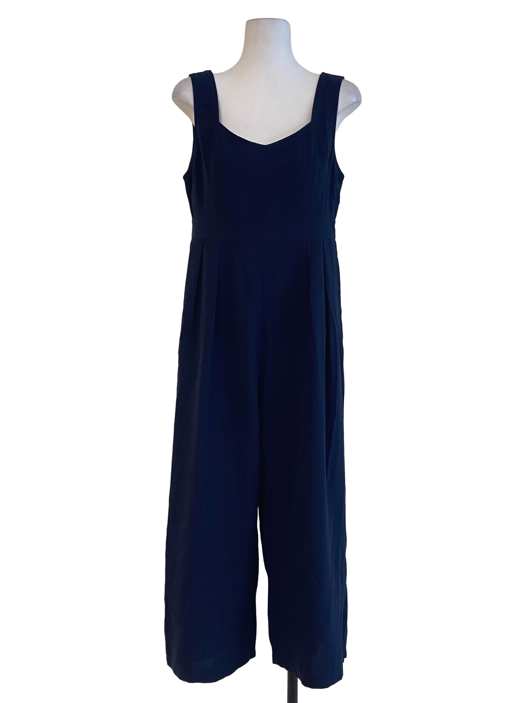 Navy Blue Herringbone Sleeveless Jumpsuit