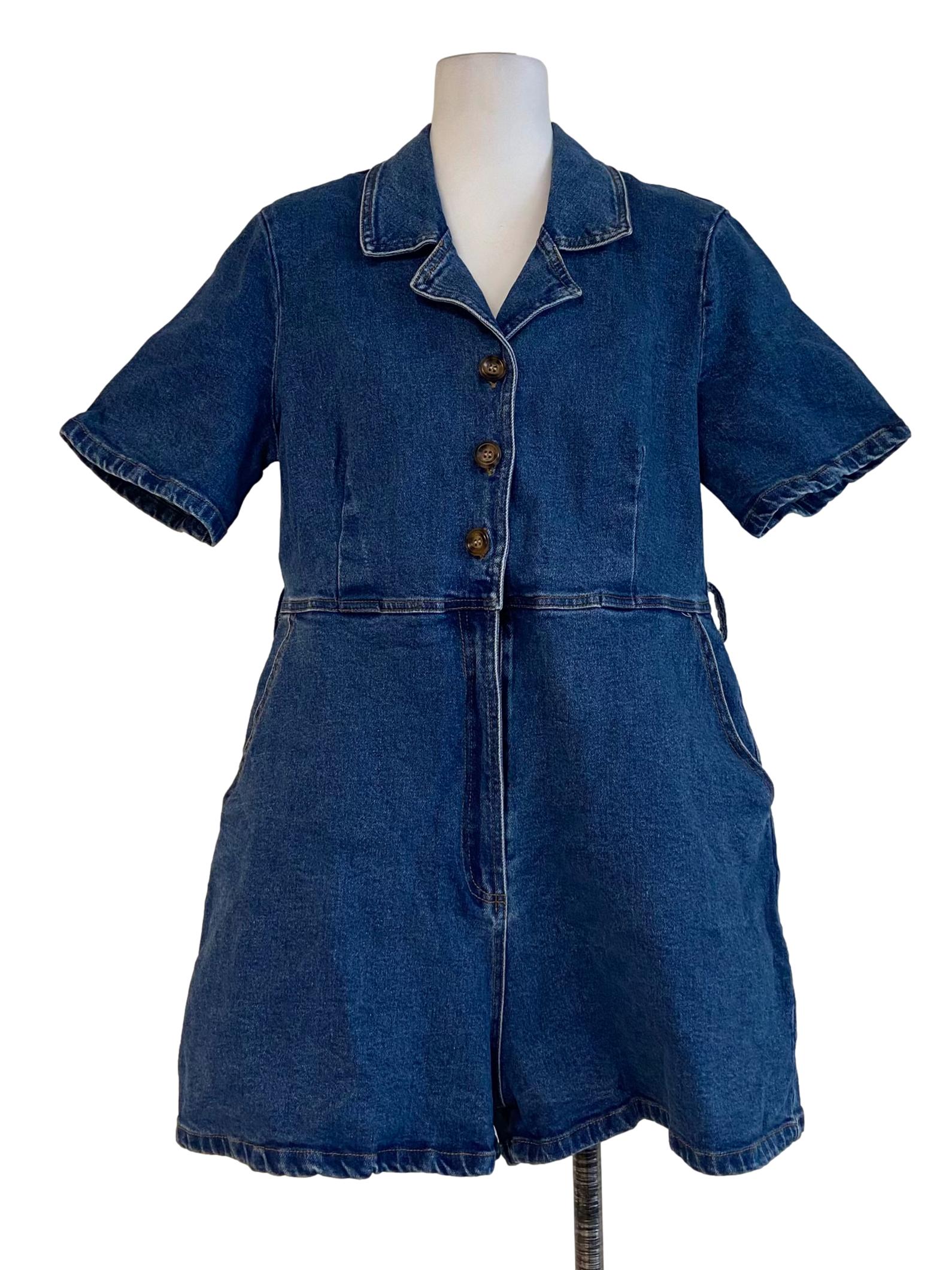Blue Denim Herringbone Half Button Denim Romper