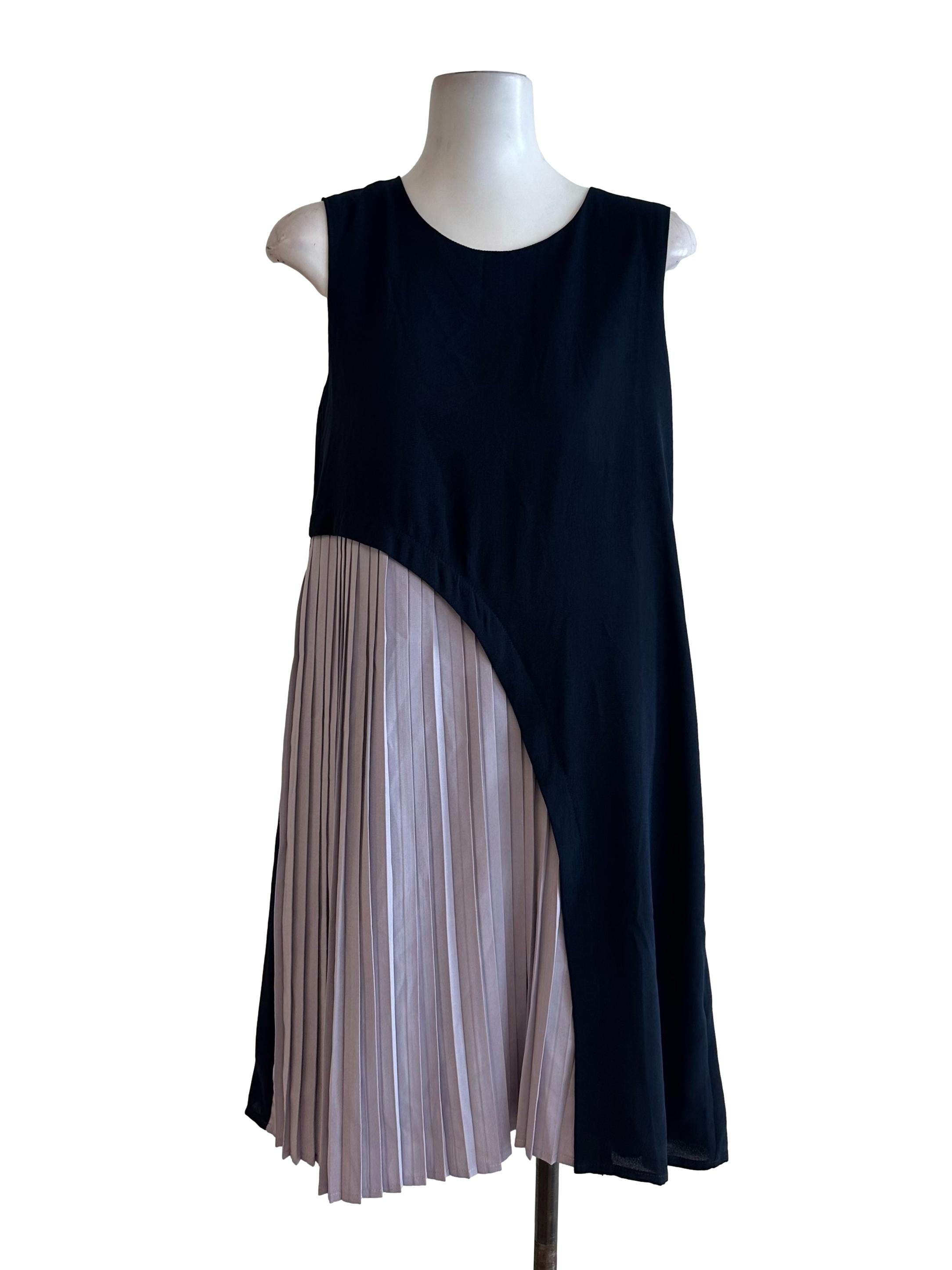 Blue Purple Side Pleated Round Neck Dress
