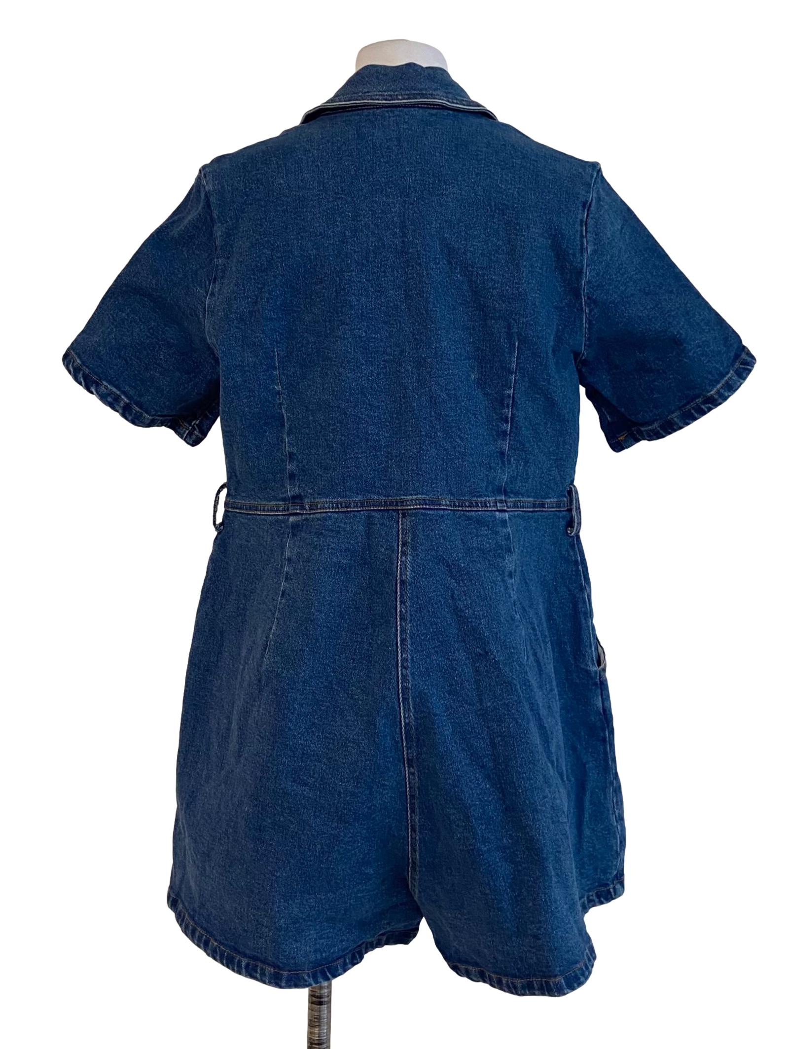 Blue Denim Herringbone Half Button Denim Romper