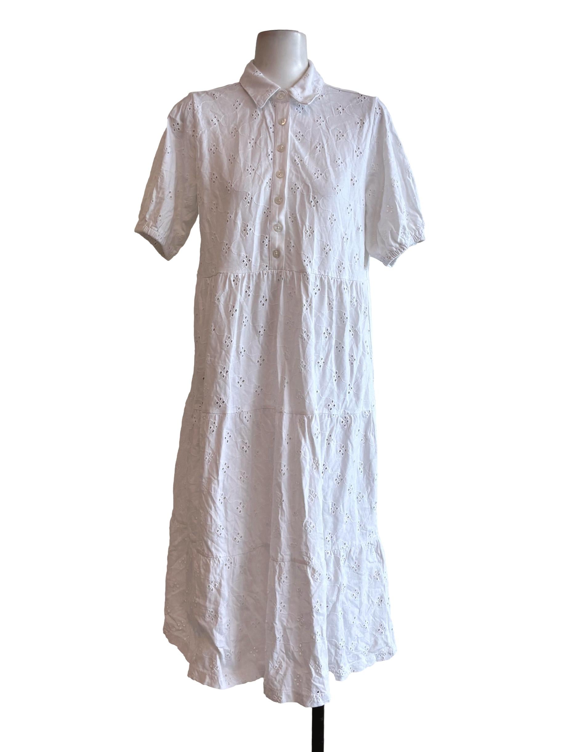 Powder White Short Sleeve Eyelet Cotton Dress