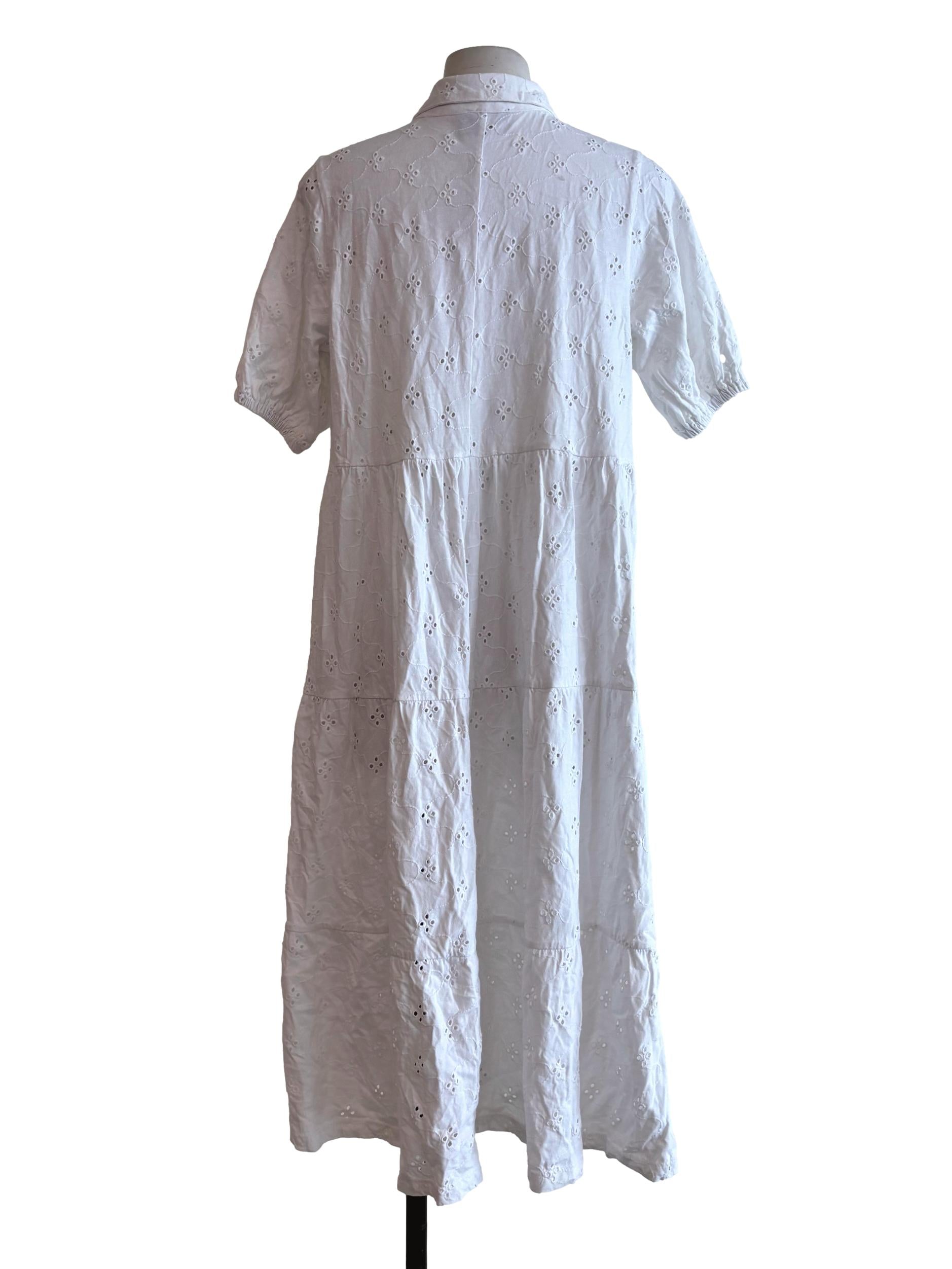 Powder White Short Sleeve Eyelet Cotton Dress