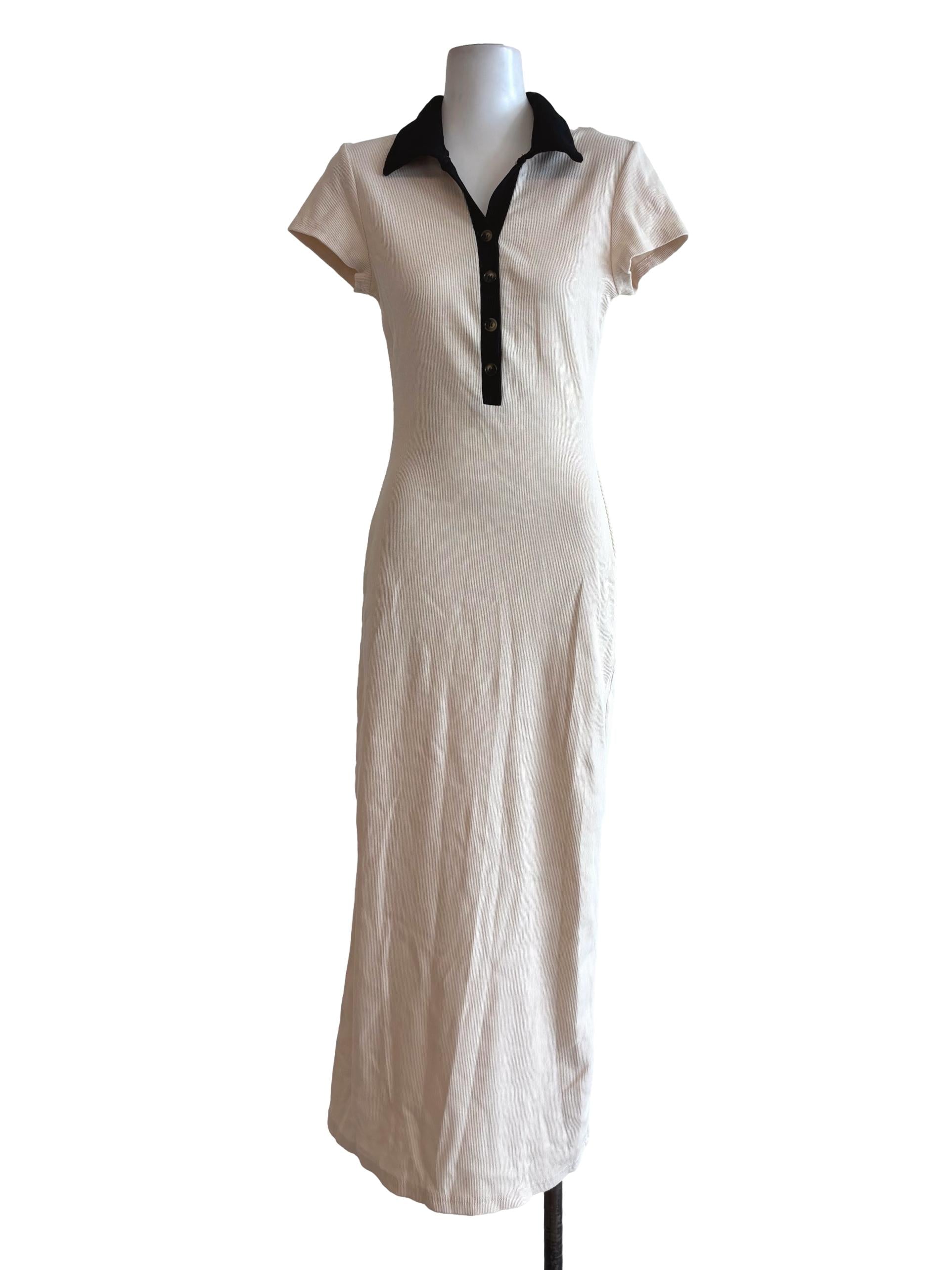 Beige Black Collar Short Sleeve Ribbed Dress