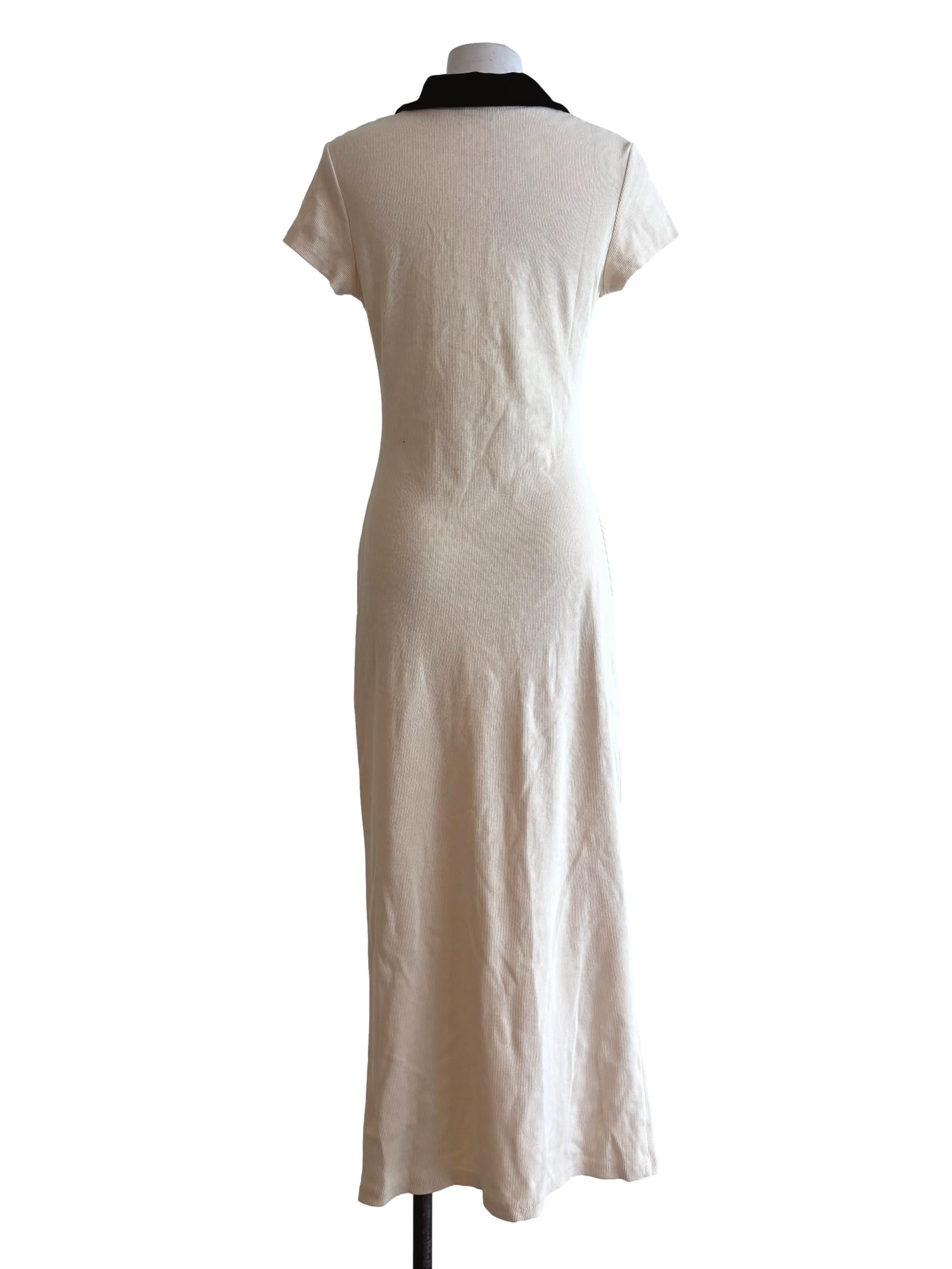Beige Black Collar Short Sleeve Ribbed Dress
