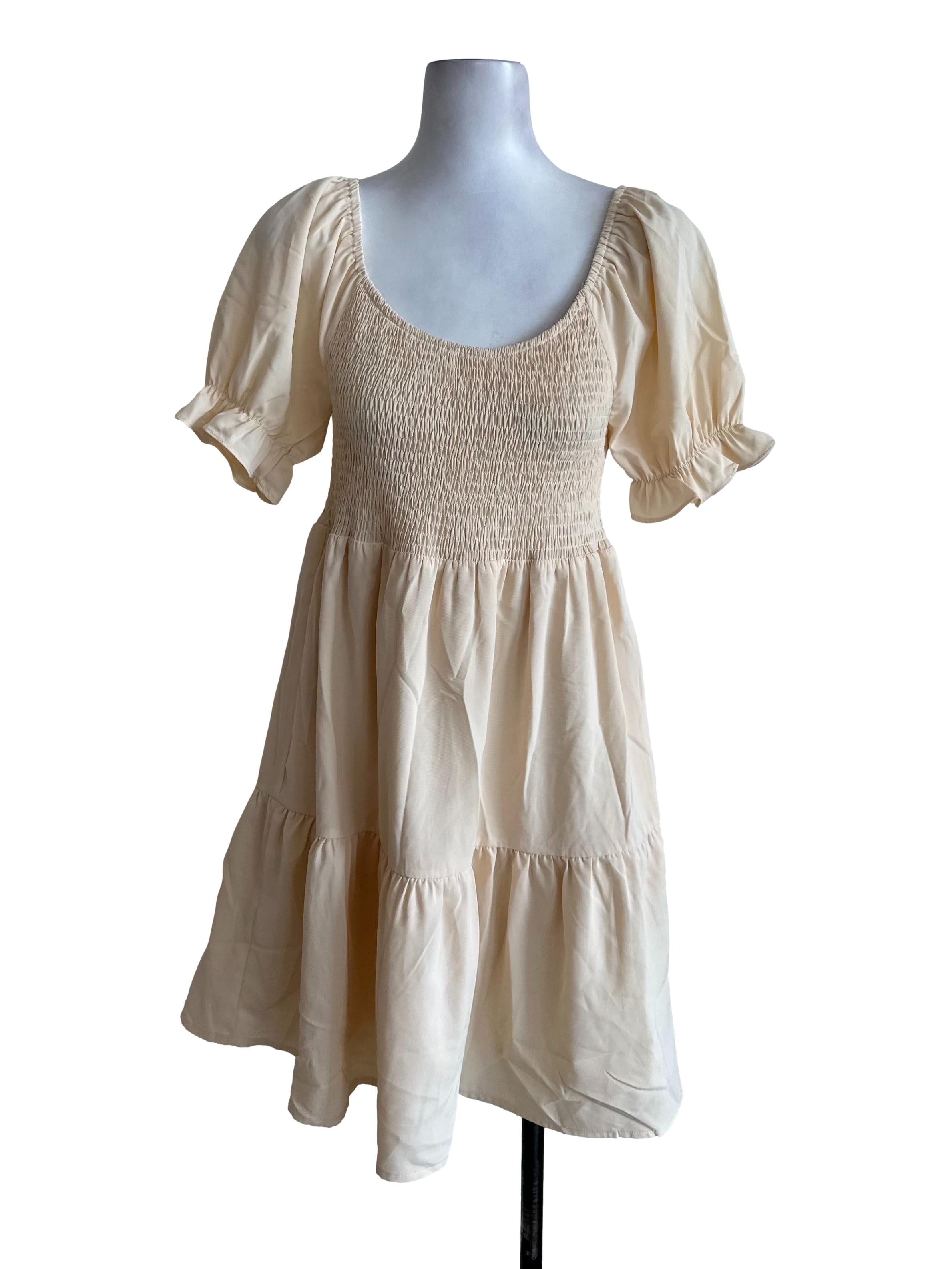 Light Yellow Puff Sleeve Tiered Dress