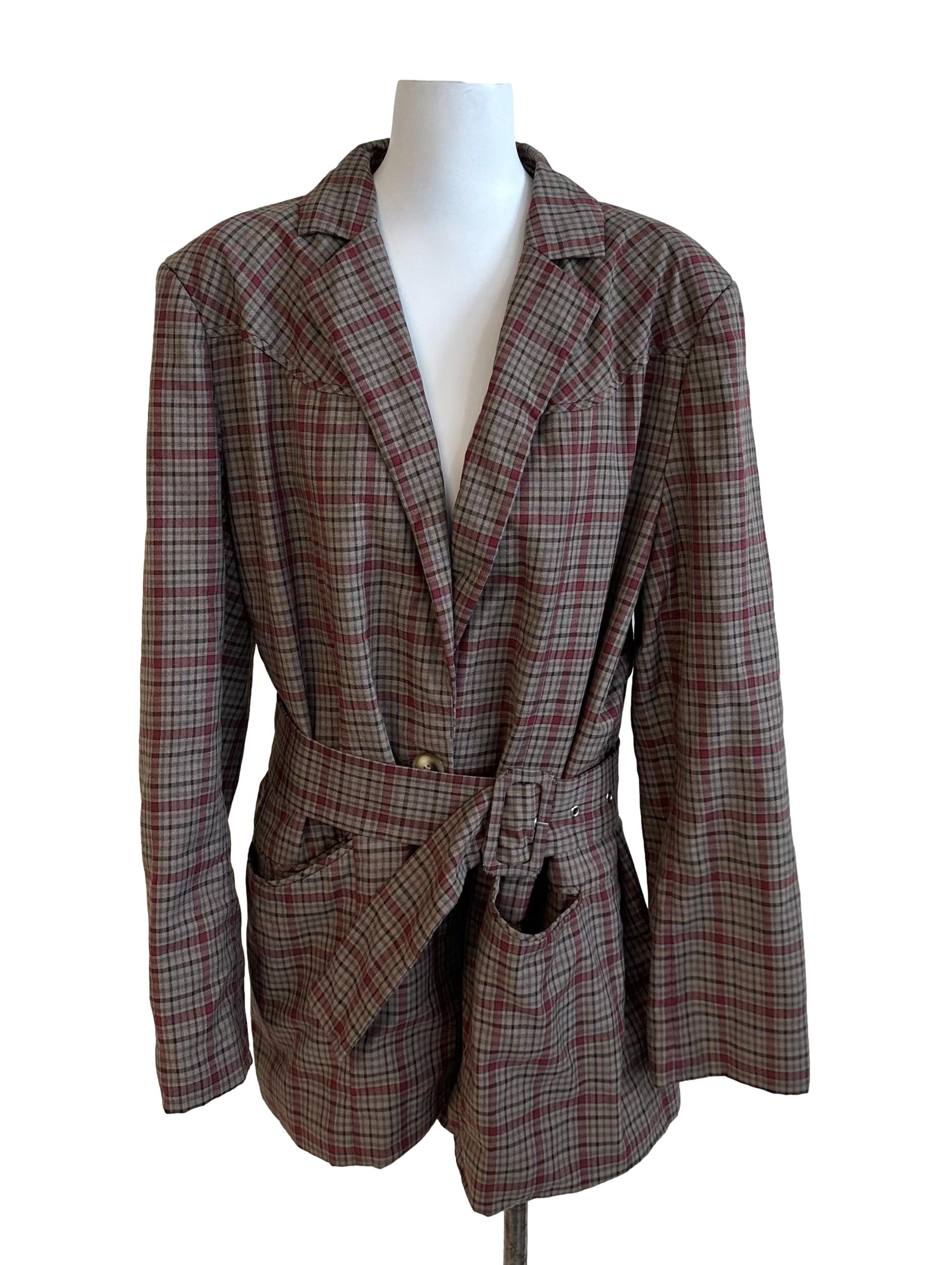Mocha Brown Plaid Pattern Belt Strap Blazer