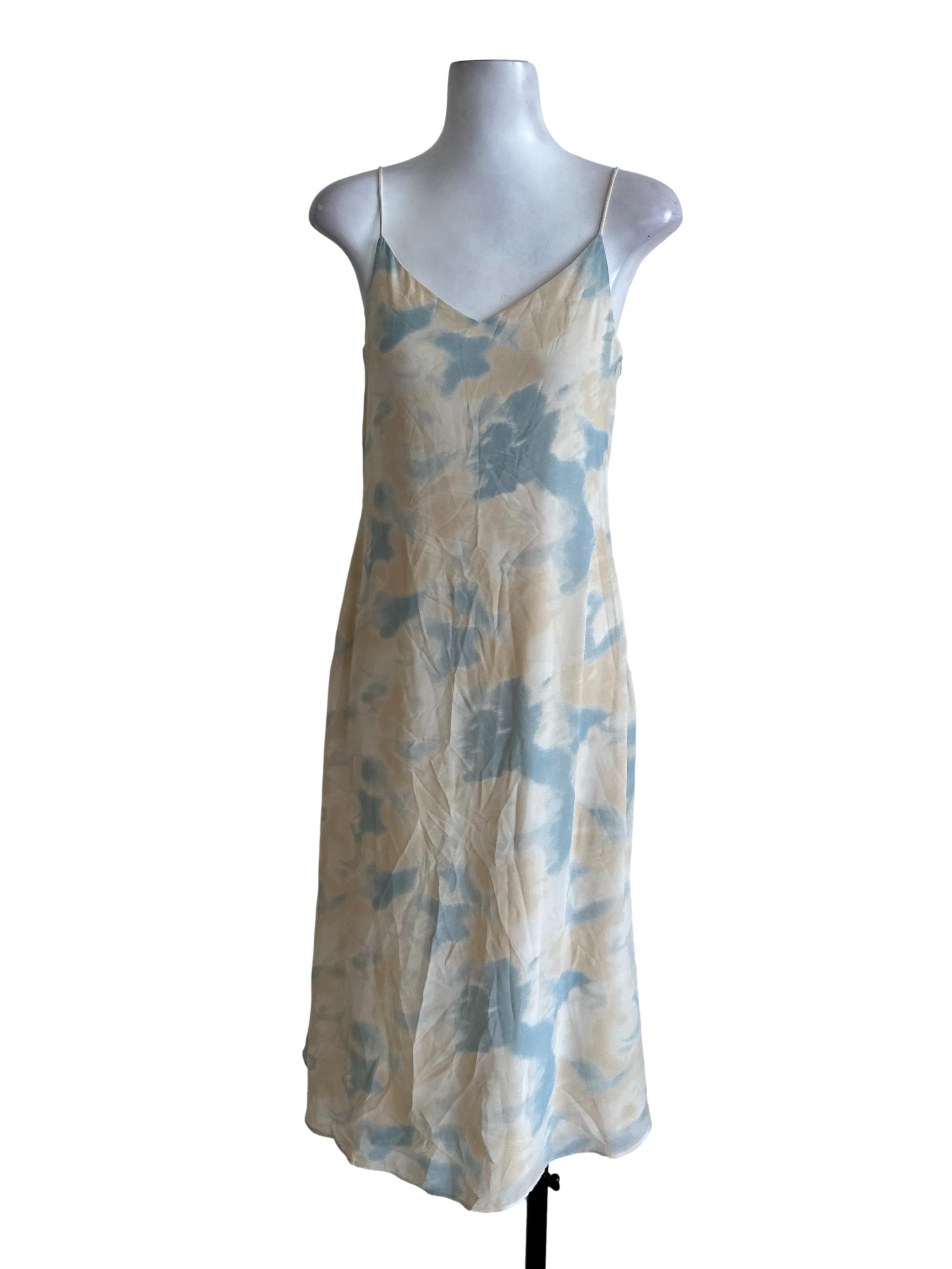 Cream Blue V Neck Tie Dye Dress