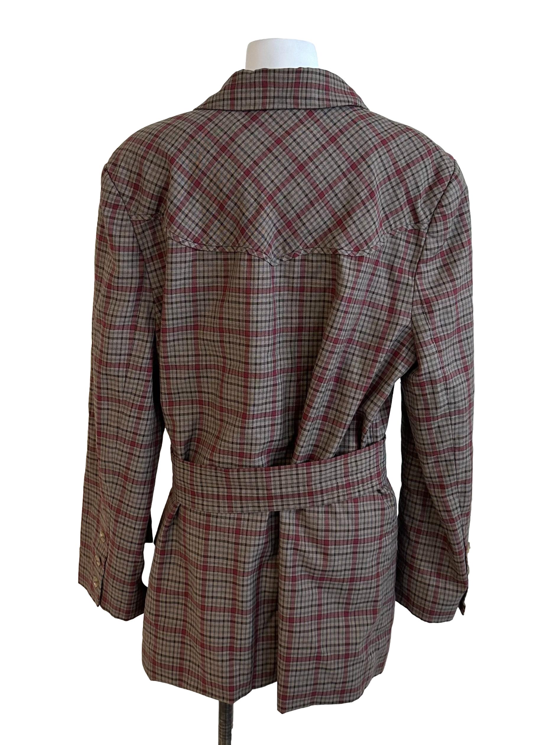 Mocha Brown Plaid Pattern Belt Strap Blazer