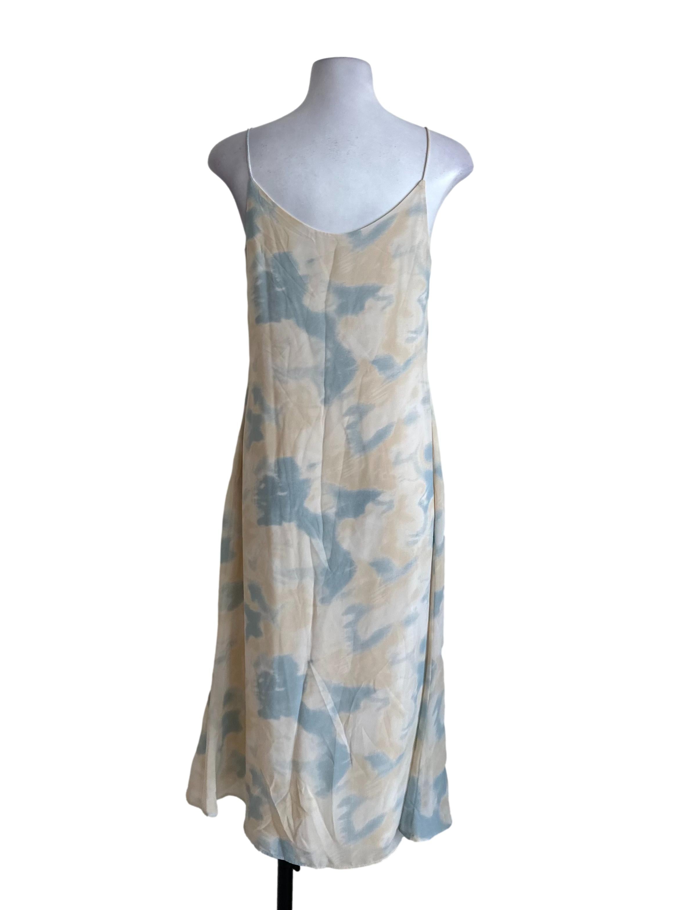 Cream Blue V Neck Tie Dye Dress