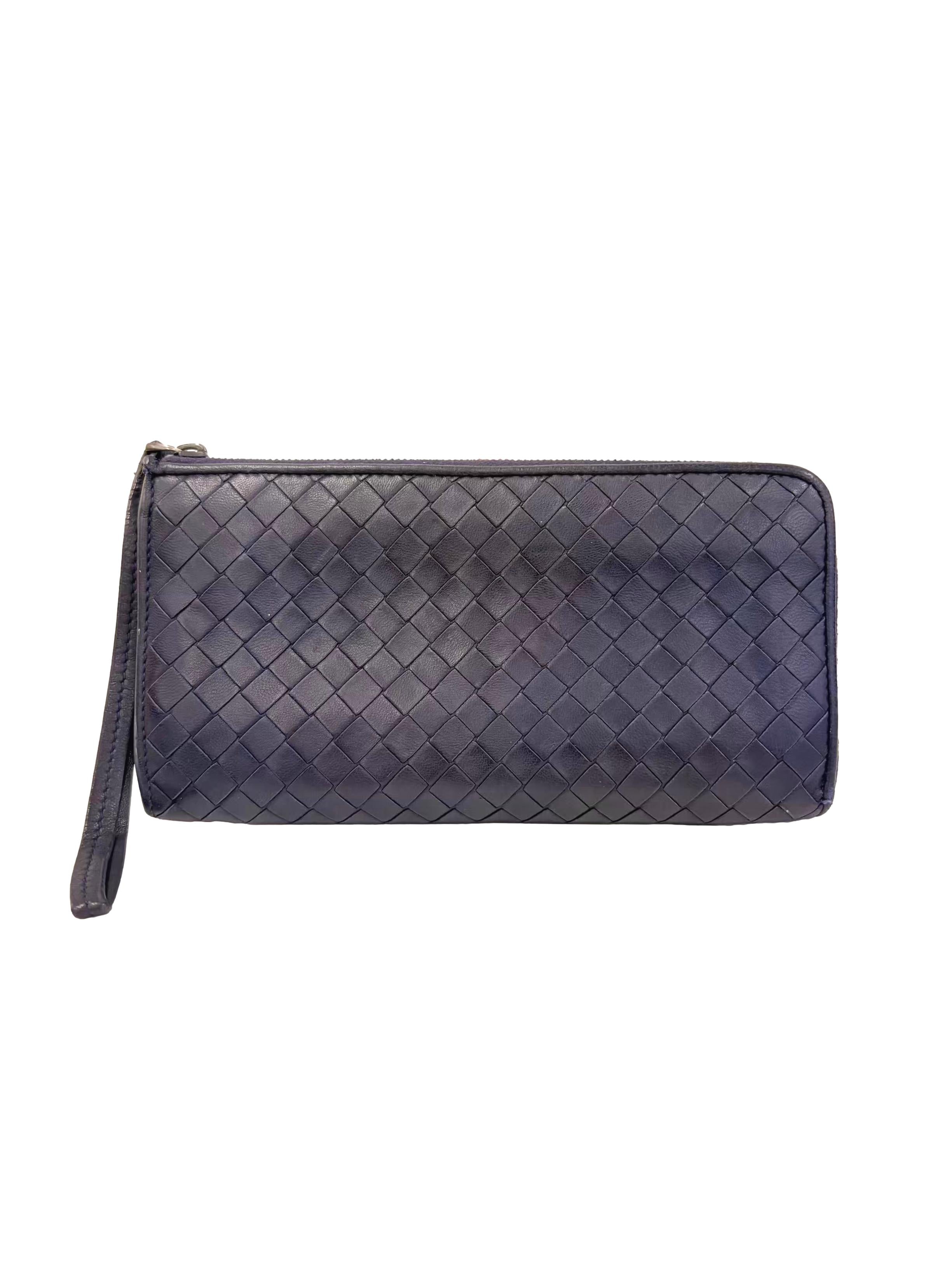 Navy Blue Intrecciato Leather Long Wallet