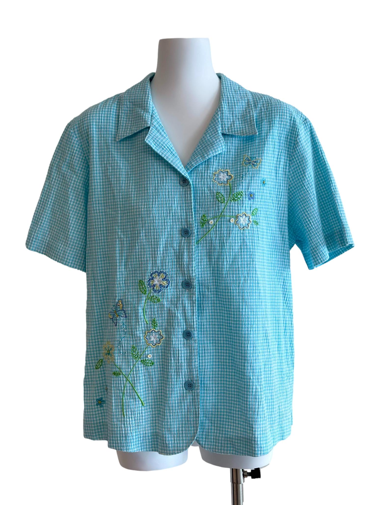 Sky Blue Gingham Floral Embroidery Shirt