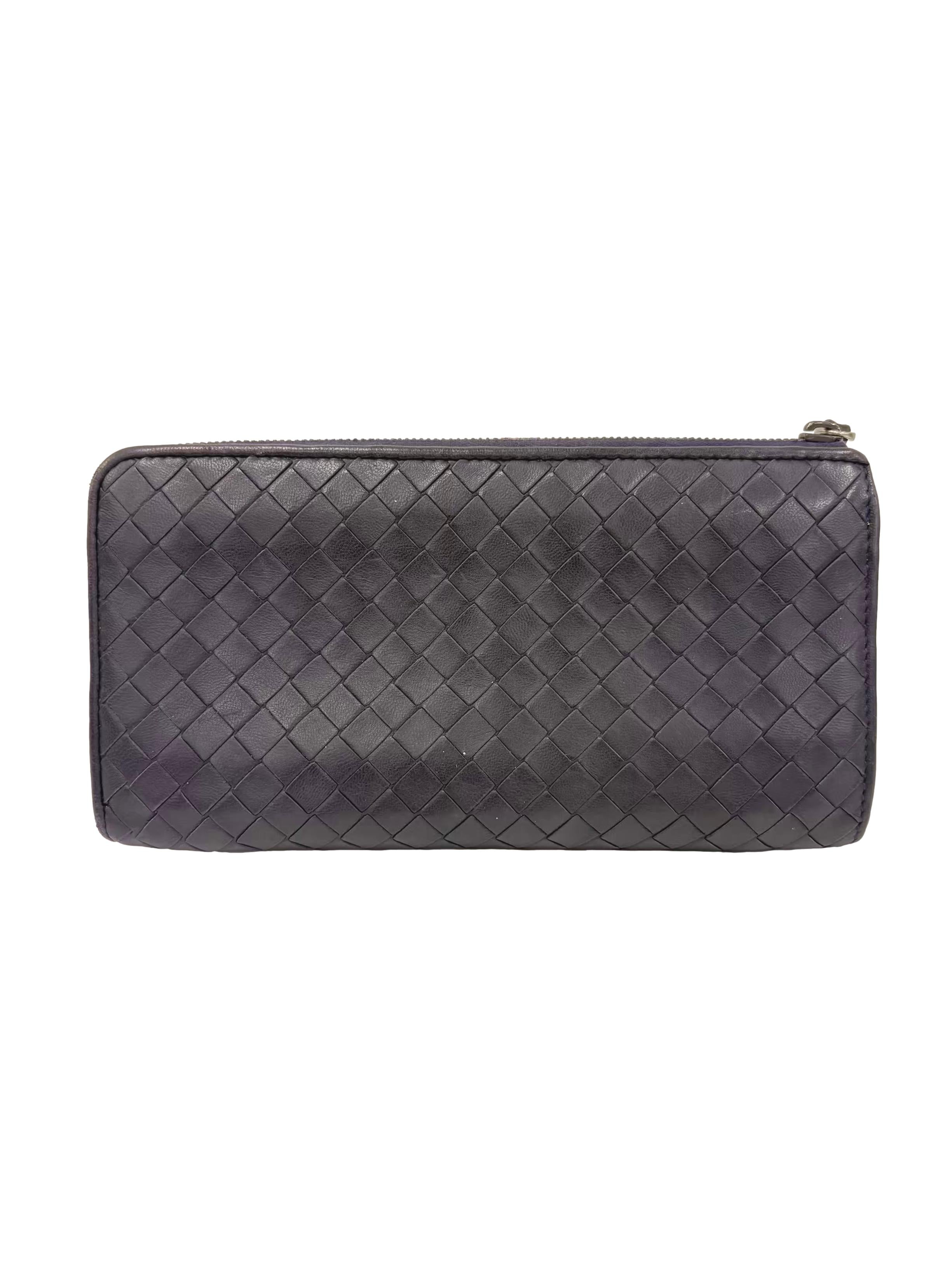 Navy Blue Intrecciato Leather Long Wallet